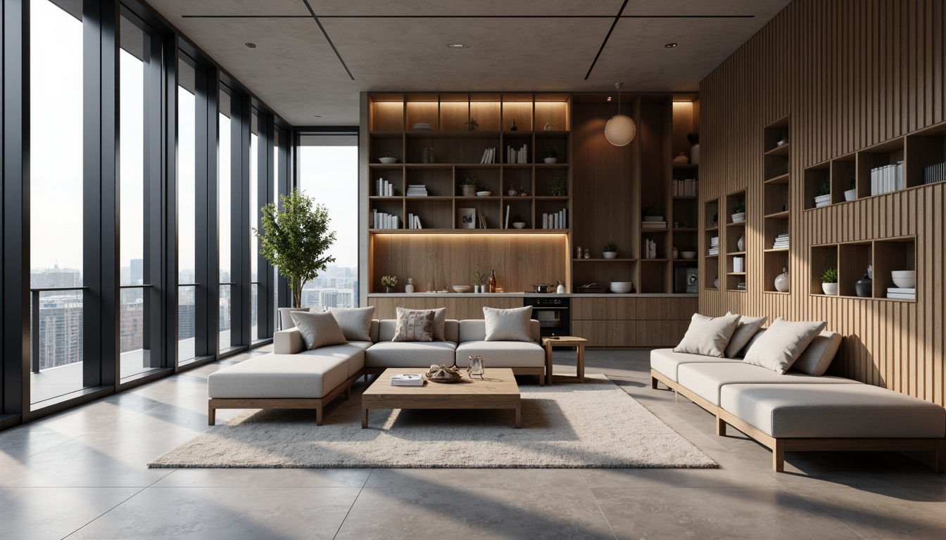 Prompt: Modern minimalist apartment, sleek lines, monochromatic color scheme, polished concrete floors, floor-to-ceiling windows, sliding glass doors, built-in shelving units, hidden storage compartments, compact kitchenette, stainless steel appliances, quartz countertops, soft warm lighting, 1/1 composition, realistic textures, ambient occlusion.