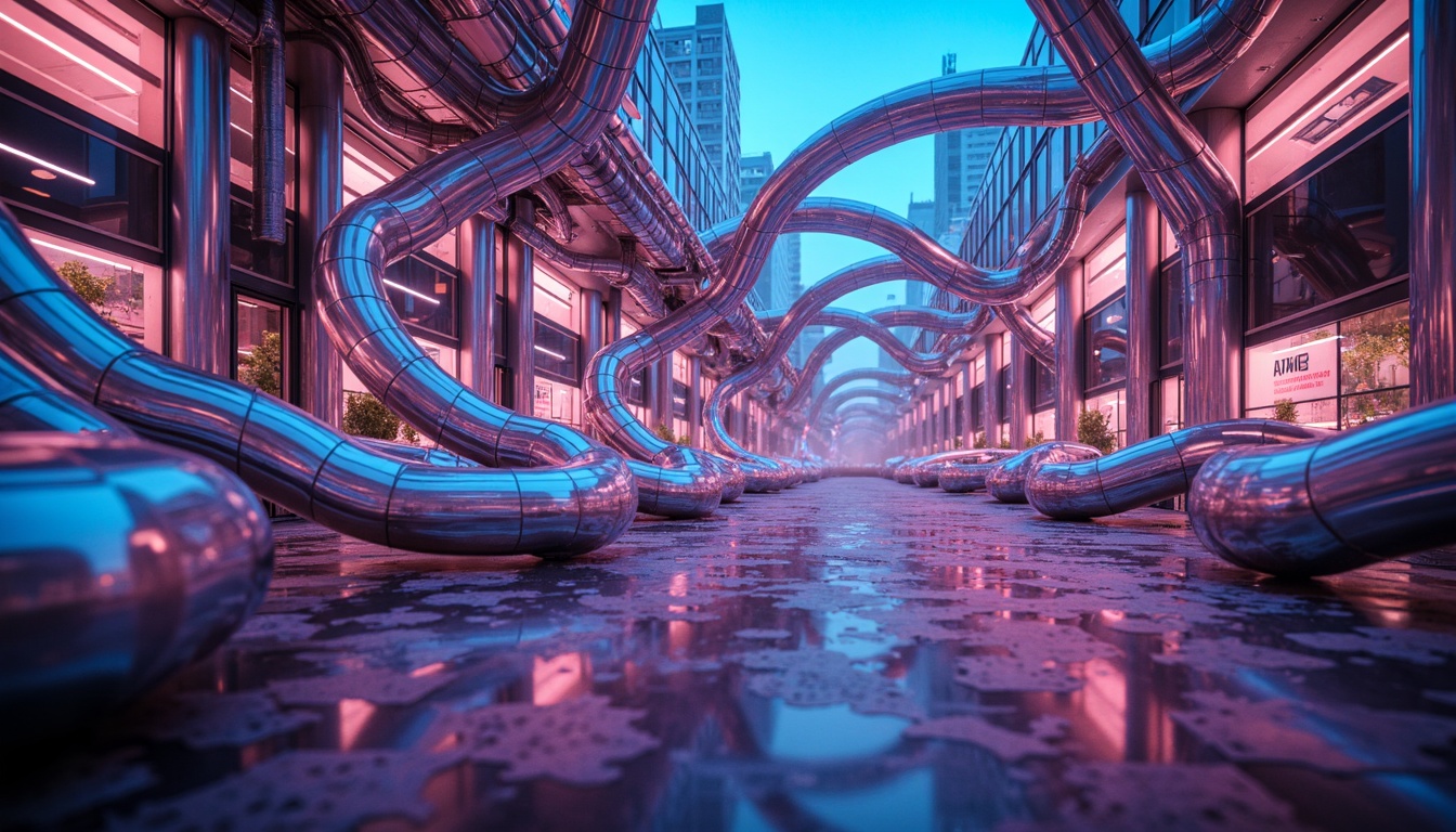 Prompt: Iridescent blob-like structures, futuristic curves, gleaming metallic surfaces, vibrant neon lights, organic shapes, undulating forms, parametric design, algorithmic patterns, fractal geometry, translucent glass facades, mirrored reflections, atmospheric fog effects, misty ambient lighting, shallow depth of field, 1/1 composition, wide-angle lens, high-contrast rendering, realistic materials, detailed textures.