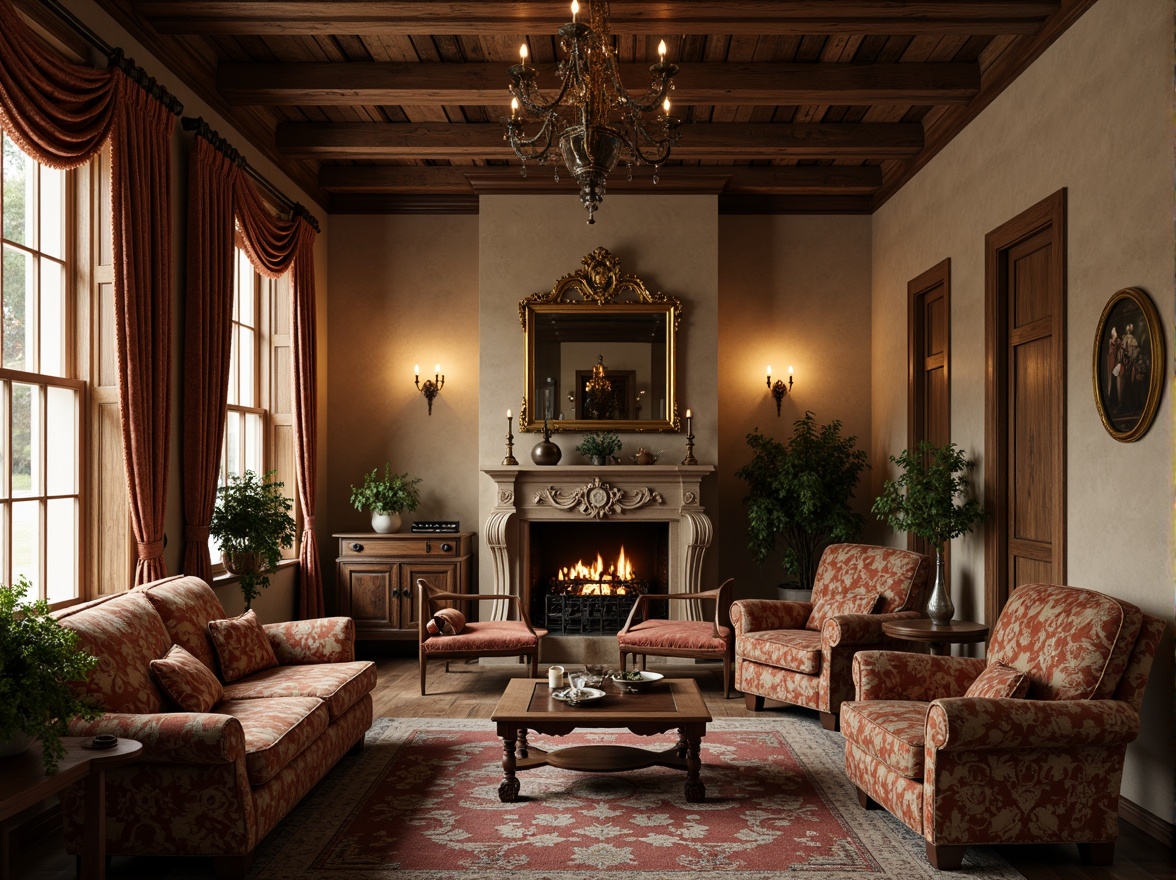 Prompt: Cozy living room, velvet drapes, ornate golden frames, plush furniture, rich wood tones, intricate carvings, soft candlelight, warm beige walls, lavish floral patterns, heavy curtains, luxurious fabrics, vintage accessories, distressed finishes, rustic wooden beams, intimate atmosphere, dramatic archways, grand chandeliers, muted color palette, warm inviting lighting, shallow depth of field, 1/2 composition, realistic textures.