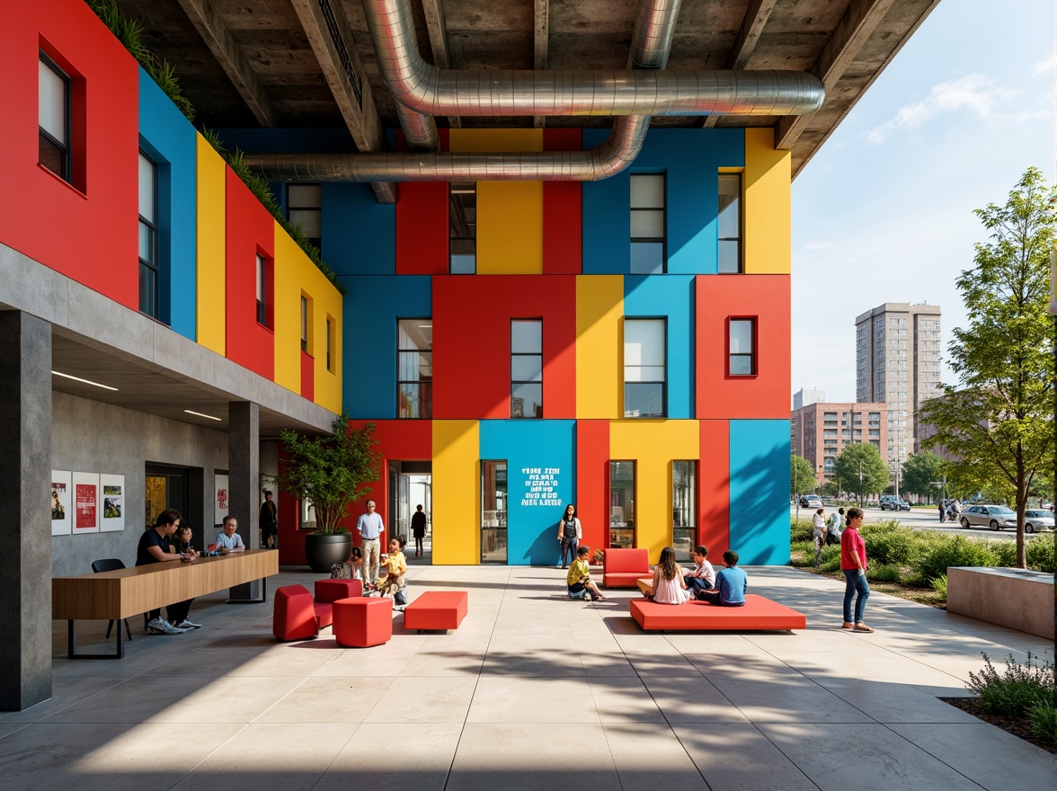 Prompt: Vibrant youth center, constructivist architecture, bold color blocking, geometric shapes, industrial materials, exposed ductwork, polished concrete floors, steel beams, angular windows, minimalist ornamentation, functional design, communal spaces, collaborative furniture, educational murals, inspirational quotes, urban cityscape, sunny day, soft natural lighting, shallow depth of field, 3/4 composition, realistic textures, ambient occlusion.