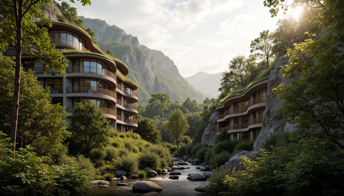 Prompt: Mountainous landscape, lush green forests, meandering streams, rugged rock formations, integrated building design, cantilevered structures, curved lines, natural stone fa\u00e7ades, wooden accents, large windows, panoramic views, blurred boundaries, seamless transitions, organic architecture, earthy tones, moss-covered roofs, overhanging eaves, dramatic skies, warm golden lighting, atmospheric perspective, 1/2 composition, realistic textures, ambient occlusion.Let me know if this meets your expectations!