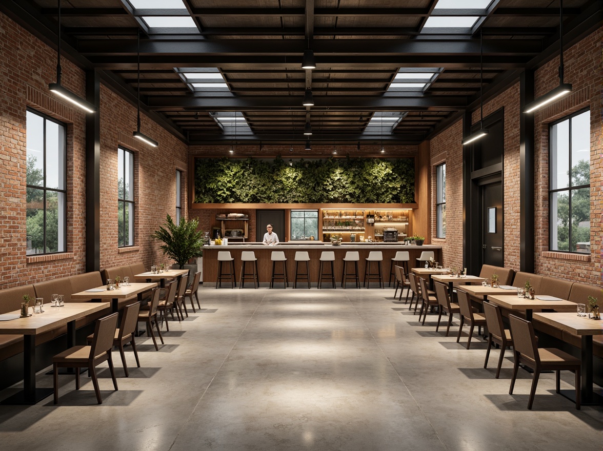 Prompt: Minimalist dining hall, industrial chic atmosphere, exposed brick walls, polished concrete floors, steel beams, wooden accents, rectangular tables, ergonomic chairs, pendant lighting, greenery installations, natural stone countertops, geometric patterns, brutalist architecture, symmetrical composition, 1/1 aspect ratio, high ceiling, ample natural light, soft warm ambiance, subtle textures, ambient occlusion.