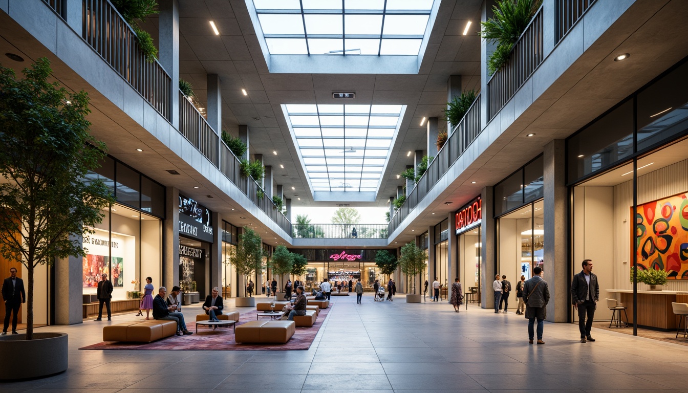 Prompt: Modern Bauhaus shopping center, spacious atriums, natural light pouring, minimalist interior design, clean lines, industrial materials, exposed ductwork, polished concrete floors, sleek metal railings, geometric patterns, vibrant colorful accents, abstract art installations, comfortable seating areas, lush greenery, indoor trees, soft warm lighting, shallow depth of field, 3/4 composition, panoramic view, realistic textures, ambient occlusion.