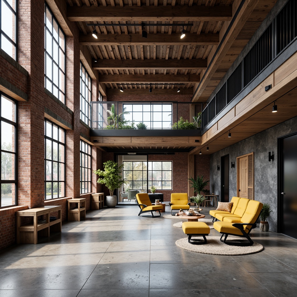 Prompt: Industrial-style buildings, exposed brick facades, steel beams, concrete floors, minimalist interior design, functional spaces, bold color schemes, geometric shapes, clean lines, rectangular forms, modernist aesthetics, natural light pouring in, large windows, sliding glass doors, industrial-chic decor, distressed wood accents, metal pipes, brutalist textures, high-contrast lighting, dramatic shadows, 1/1 composition, symmetrical framing, abstract background, subtle grain, realistic render.