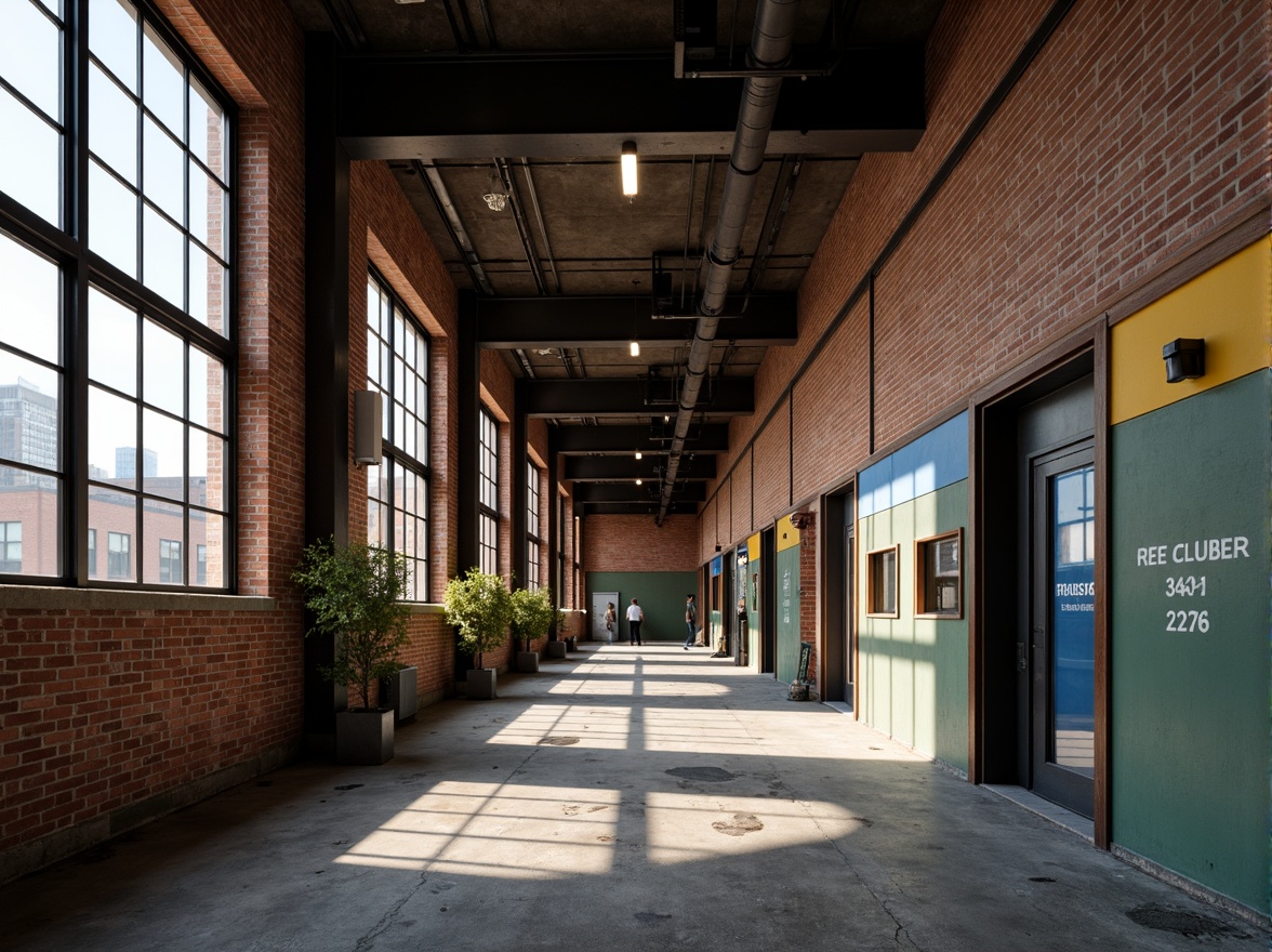 Prompt: Exposed brick walls, industrial metal beams, functional pipes, minimal ornamentation, clean lines, rectangular forms, primary color accents, distressed wood textures, urban cityscape, gritty alleys, abandoned factories, retrofitted warehouses, concrete floors, steel windows, industrial lighting fixtures, bold typography, abstract geometric patterns, brutalist architecture, modernist aesthetics, high-contrast shading, dramatic spotlighting, 1-point perspective, low-angle shot, cinematic atmosphere.