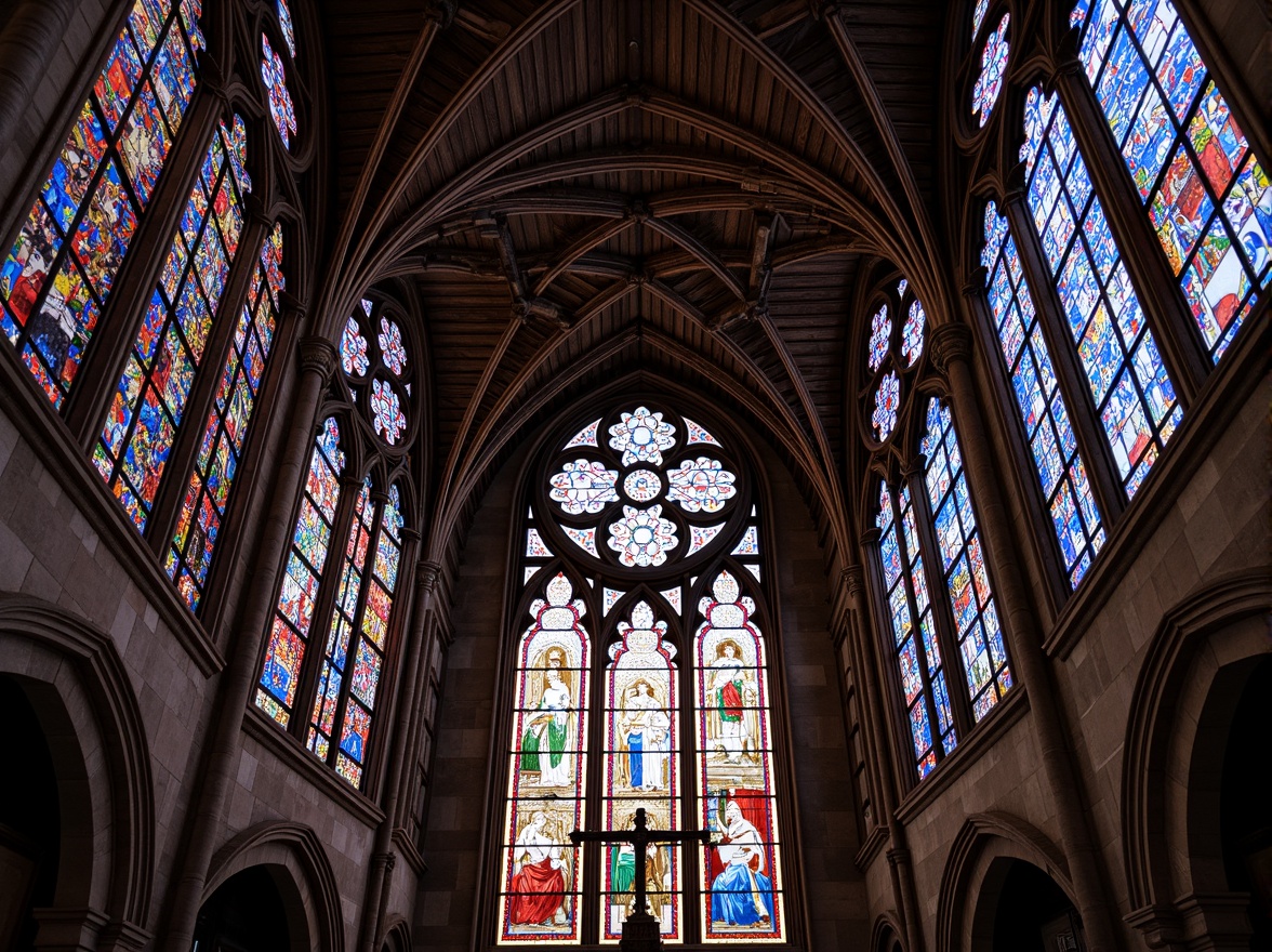 Prompt: Vibrant stained glass windows, intricate Gothic arches, ornate stone carvings, grand cathedral ceilings, kaleidoscope color schemes, sacred biblical scenes, majestic rose windows, delicate tracery patterns, rich jewel-toned hues, dramatic light filtering, atmospheric illumination, solemn ambiance, high-contrast shading, mystical symbolism, medieval craftsmanship, luxurious textures, ornamental metalwork, spiritual themes, ethereal beauty, heavenly ascension.