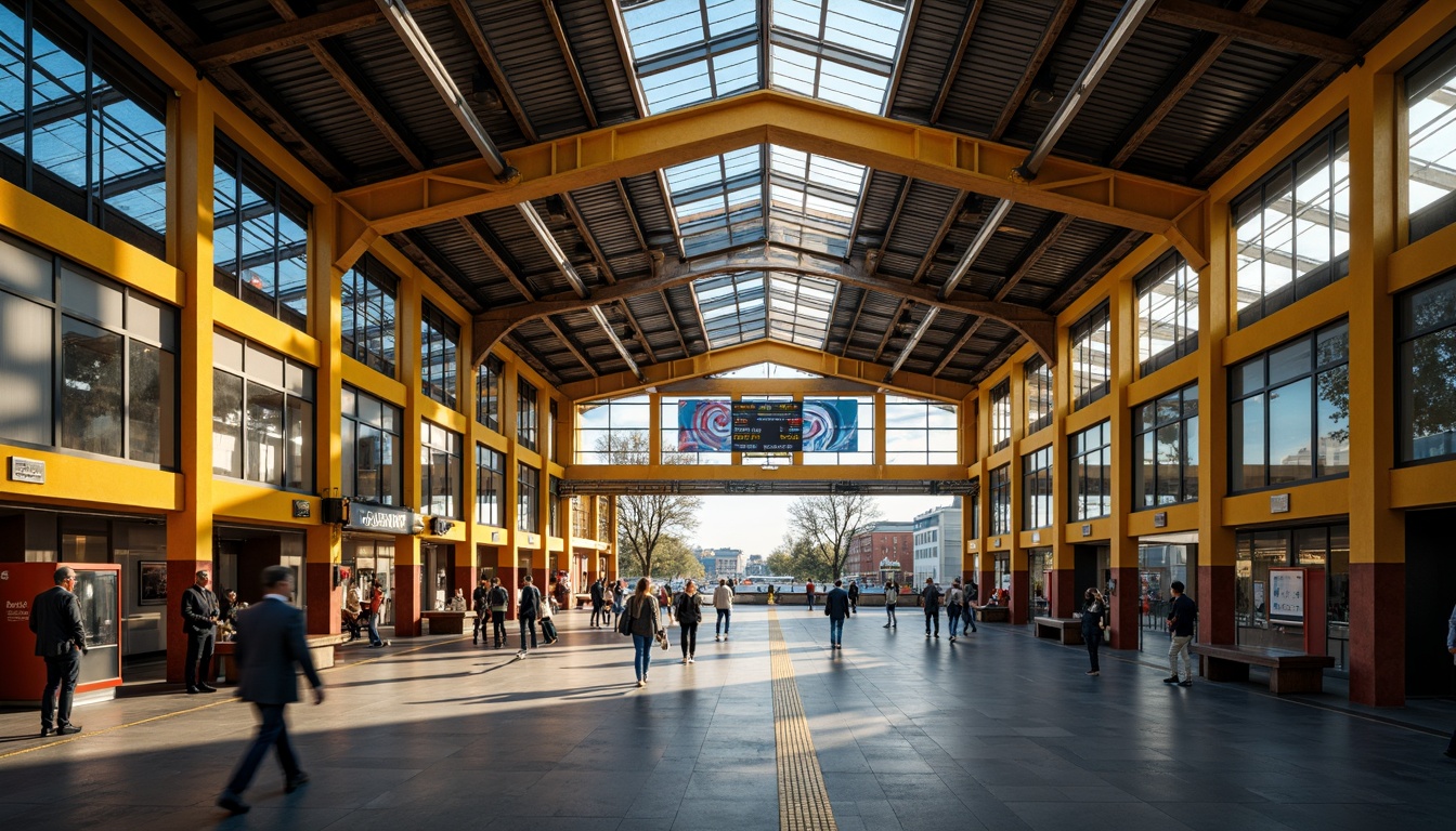 Prompt: Vibrant train station, modern industrial architecture, exposed steel beams, polished concrete floors, bright LED lighting, dynamic signage systems, urban cityscape, bustling crowds, rush hour atmosphere, warm golden lighting, shallow depth of field, 1/2 composition, cinematic perspective, realistic textures, ambient occlusion, rich wood accents, bold color blocking, energetic yellow tones, deep blue hues, sleek silver metallic finishes.