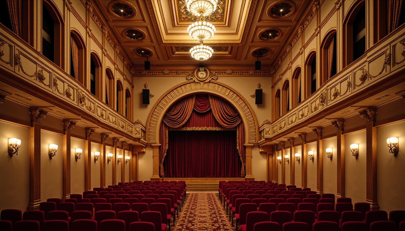 Prompt: Luxurious auditorium, eclectic ornate details, rich wood paneling, velvet curtains, golden accents, ornamental lighting fixtures, intricate moldings, grandiose chandeliers, plush seating areas, curved balconies, decorative railings, warm beige walls, high ceilings, symmetrical composition, dramatic spotlights, soft diffused lighting, 1/2 composition, intimate atmosphere, realistic wood textures, subtle ambient occlusion.