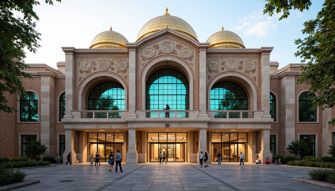 Prompt: Majestic gymnasium facade, Byzantine-inspired architecture, ornate stone carvings, golden domes, intricate mosaics, grand archways, columned entrance, vibrant turquoise accents, rustic brick walls, modern athletic facilities, sleek glass windows, metallic cladding, dynamic LED lighting, shallow depth of field, 1/1 composition, symmetrical framing, warm afternoon sunlight, soft atmospheric haze.