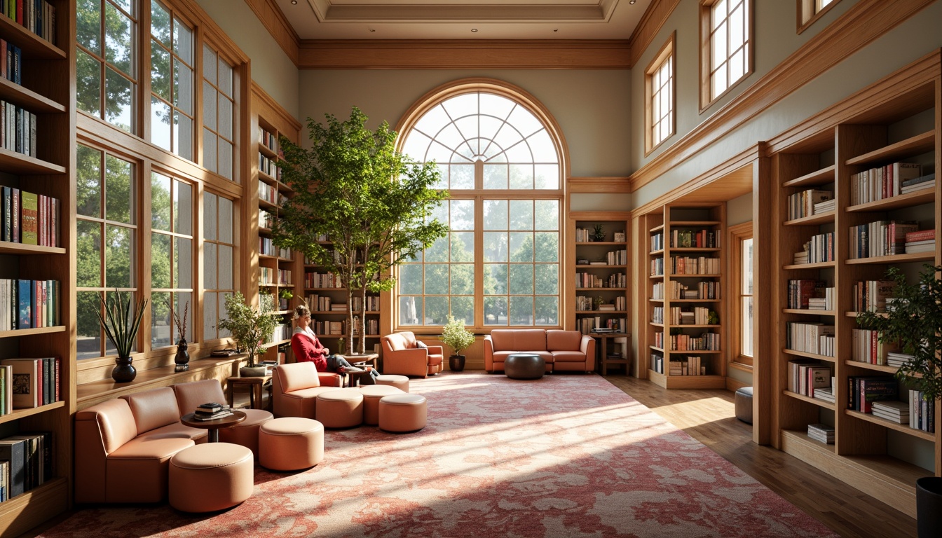 Prompt: Vibrant library interior, calm atmosphere, warm wooden shelves, comfortable reading nooks, soft cushioned chairs, rich leather-bound books, earthy tone carpets, natural light pouring in, large windows, elegant archways, subtle texture contrasts, inviting community spaces, collaborative work areas, flexible modular furniture, bright accent walls, soothing pastel hues, gentle color transitions, 1/1 composition, realistic rendering, ambient occlusion.