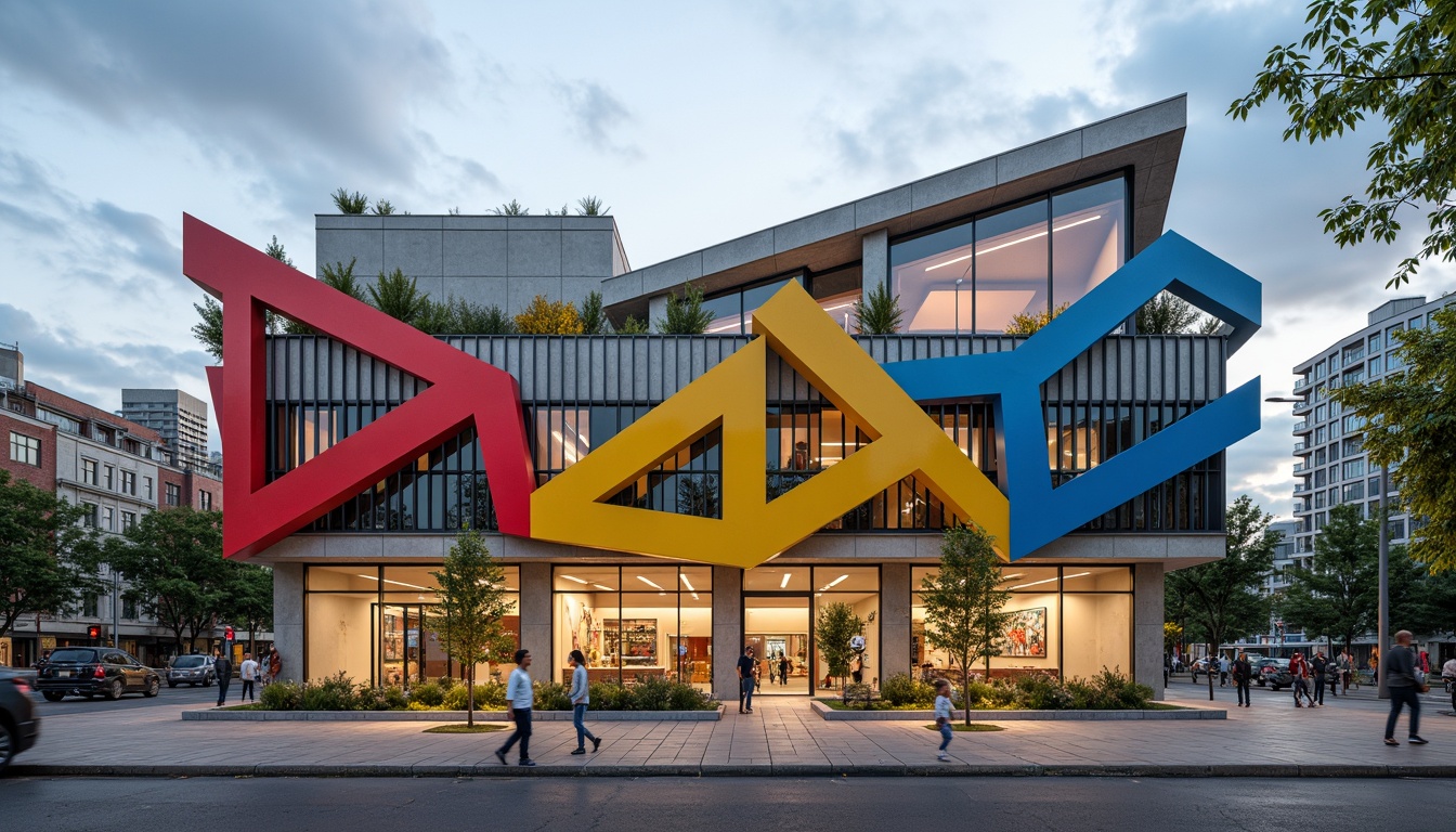 Prompt: Vibrant youth center facade, bold geometric shapes, contrasting colors, abstract patterns, industrial materials, exposed ductwork, metal beams, raw concrete walls, dynamic angular lines, cantilevered volumes, asymmetrical compositions, playful graphic elements, neon color accents, urban cityscape background, cloudy day with soft shadows, shallow depth of field, 2/3 composition, cinematic lighting, realistic textures, ambient occlusion.