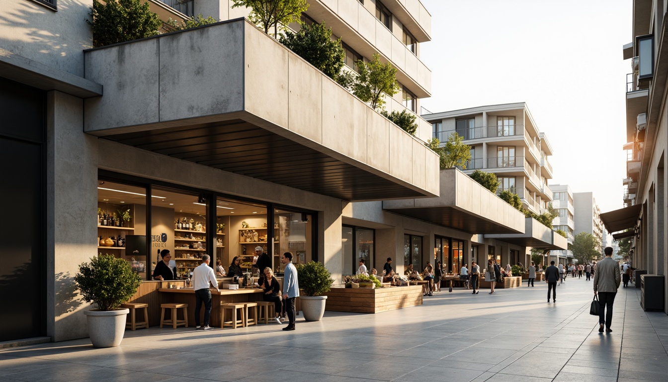 Prompt: Minimalist market facade, neutral color palette, clean lines, flat roofs, industrial metal frames, large glass windows, simple signage, urban concrete pavement, bustling street scene, morning sunlight, soft warm lighting, shallow depth of field, 1/1 composition, realistic textures, ambient occlusion.