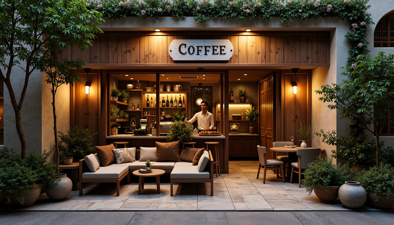 Prompt: Cozy coffee shop, regional facade design, rustic wooden accents, earthy tones, natural stone walls, vintage metal signage, eclectic furniture, warm soft lighting, intimate seating areas, lush greenery, potted plants, regional cultural patterns, traditional architectural elements, ornate details, warm color palette, inviting atmosphere, shallow depth of field, 1/1 composition, realistic textures, ambient occlusion.