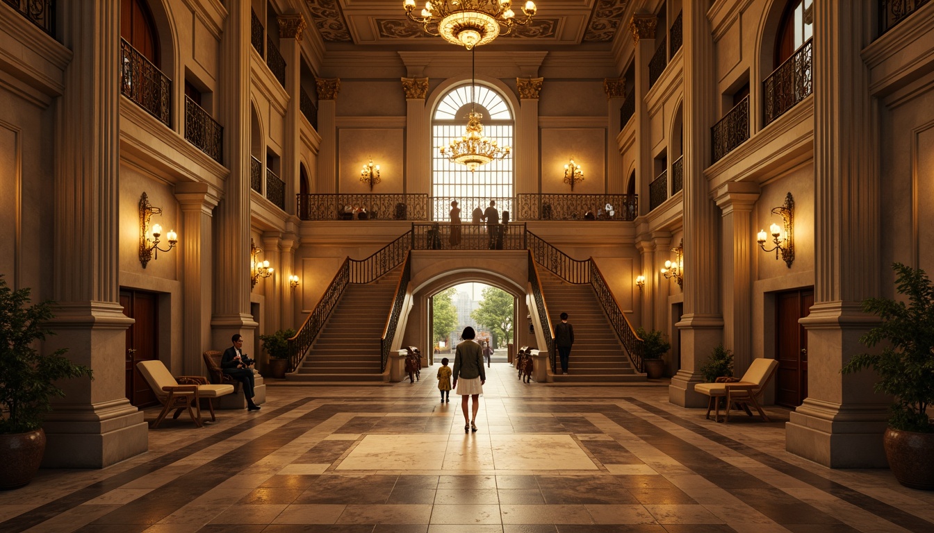 Prompt: Grandiose entrance, symmetrical facade, classical columns, ornate details, harmonious proportions, balance and symmetry, majestic scale, imposing stone walls, elegant arches, sweeping staircases, lavish chandeliers, opulent furnishings, regal atmosphere, warm golden lighting, subtle shading, cinematic composition, precise camera angle, realistic rendering.