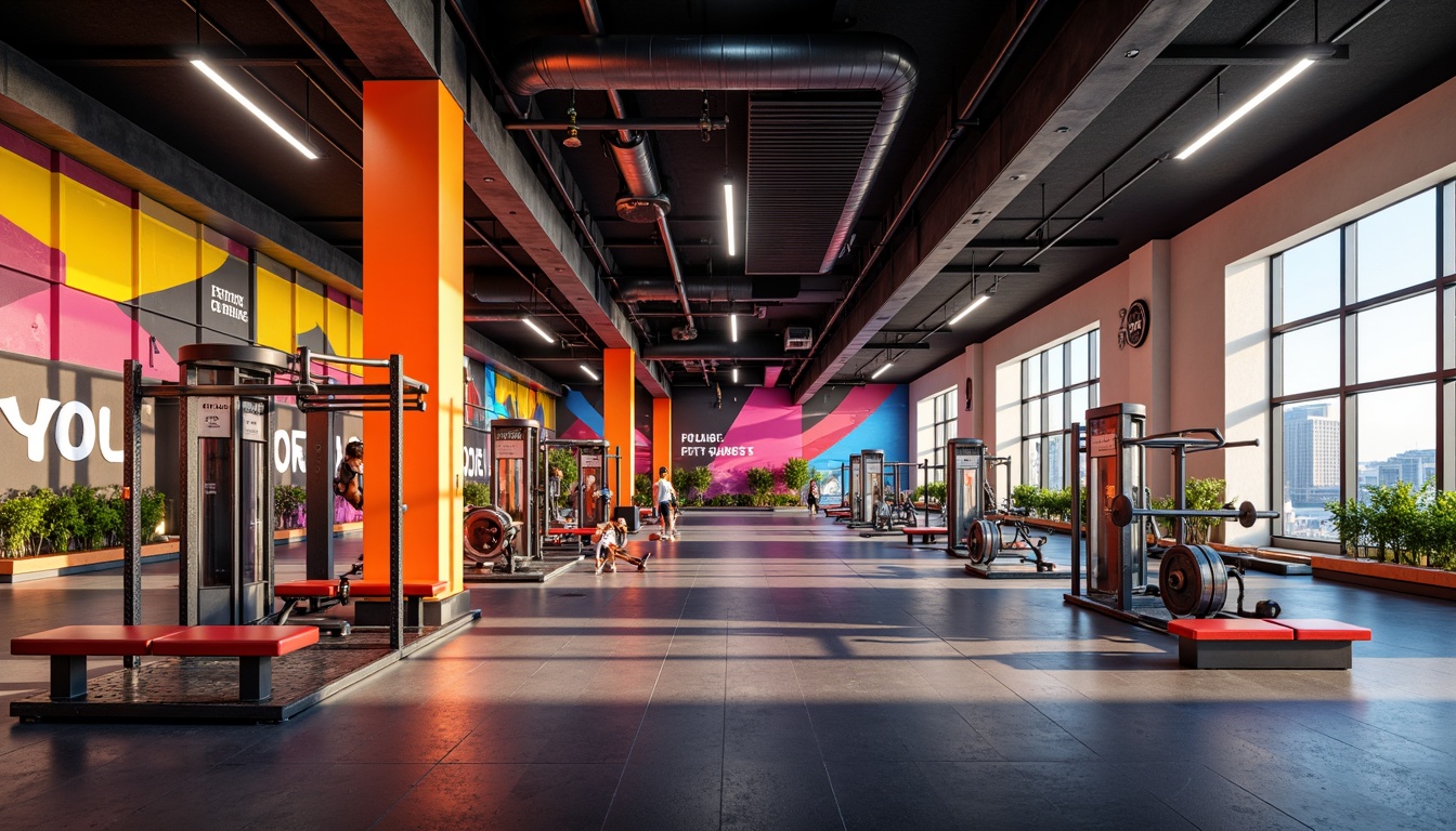 Prompt: Vibrant gym interior, dynamic color scheme, bold accents, energetic atmosphere, athletic equipment, sleek flooring, modern sports facilities, bright overhead lighting, motivational quotes, fitness-inspired murals, abstract geometric patterns, contrasting textures, metallic finishes, industrial chic aesthetic, urban cityscape views, morning sunlight, shallow depth of field, 1/1 composition, realistic reflections.