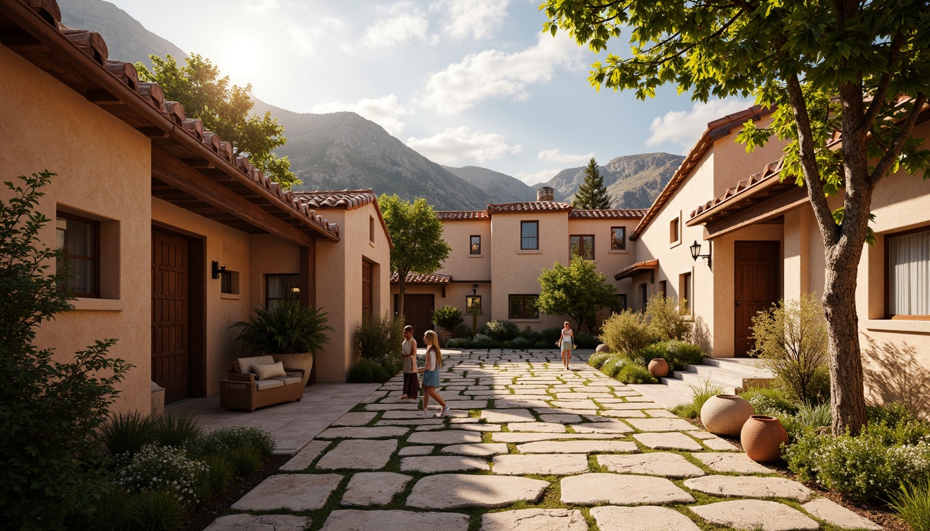 Prompt: Rustic village, earthy tones, curved terra cotta tiles, traditional pitched roofs, wooden beams, ornate chimneys, stucco walls, clay pots, sun-drenched courtyards, lush greenery, meandering stone paths, warm golden lighting, 1/1 composition, shallow depth of field, realistic textures, ambient occlusion.