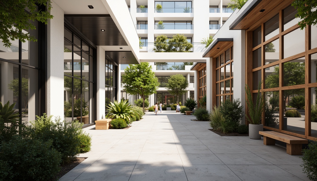 Prompt: Clean market street, minimalist facade design, simple white walls, large glass windows, subtle metal frames, rustic wooden accents, natural stone flooring, modern signage, vibrant greenery, urban atmosphere, soft warm lighting, shallow depth of field, 1/2 composition, realistic textures, ambient occlusion.