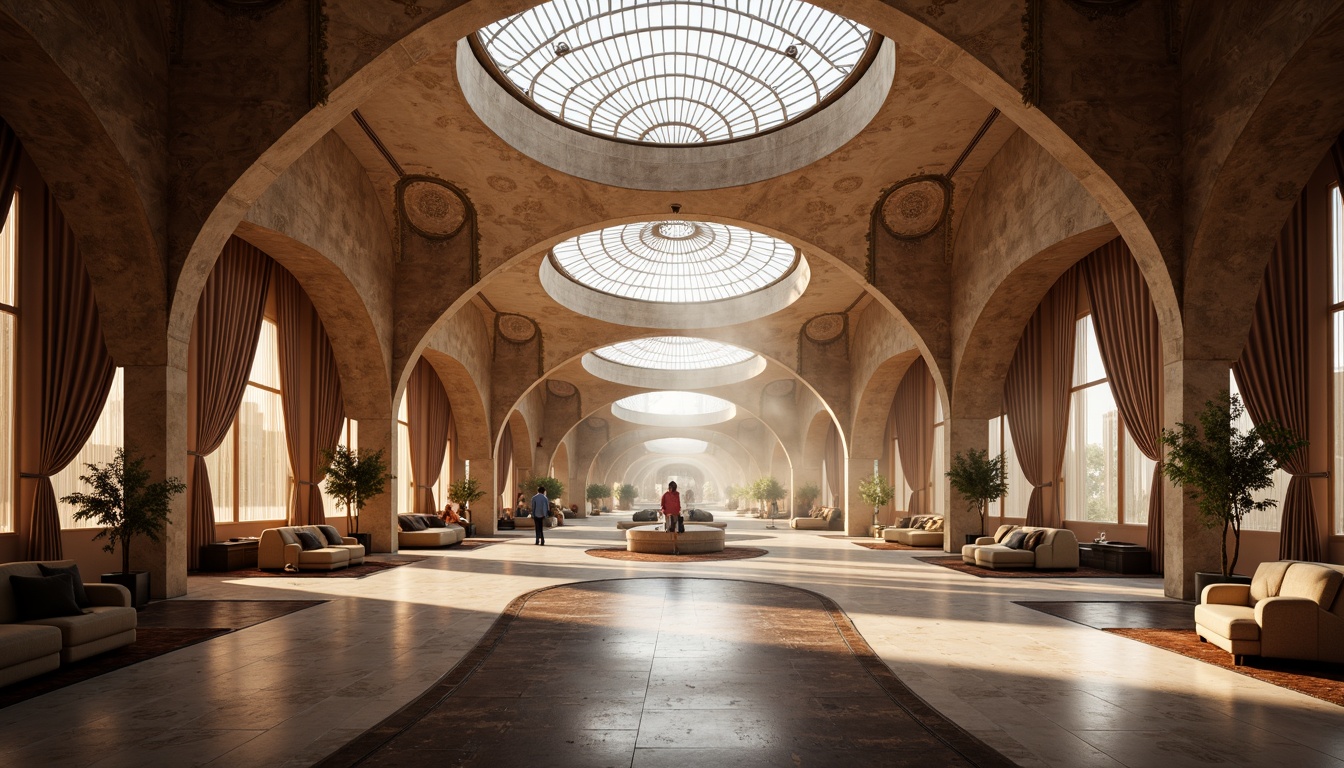 Prompt: Undulating curves, sweeping arches, fluid lines, ornate details, grand entranceways, majestic domes, intricate stonework, polished marble floors, lavish chandeliers, opulent furnishings, velvety drapes, soft warm lighting, atmospheric fog effects, shallow depth of field, 1/2 composition, symmetrical framing, high-contrast rendering, dramatic shadows, luxurious materials, futuristic aesthetics, avant-garde architecture.