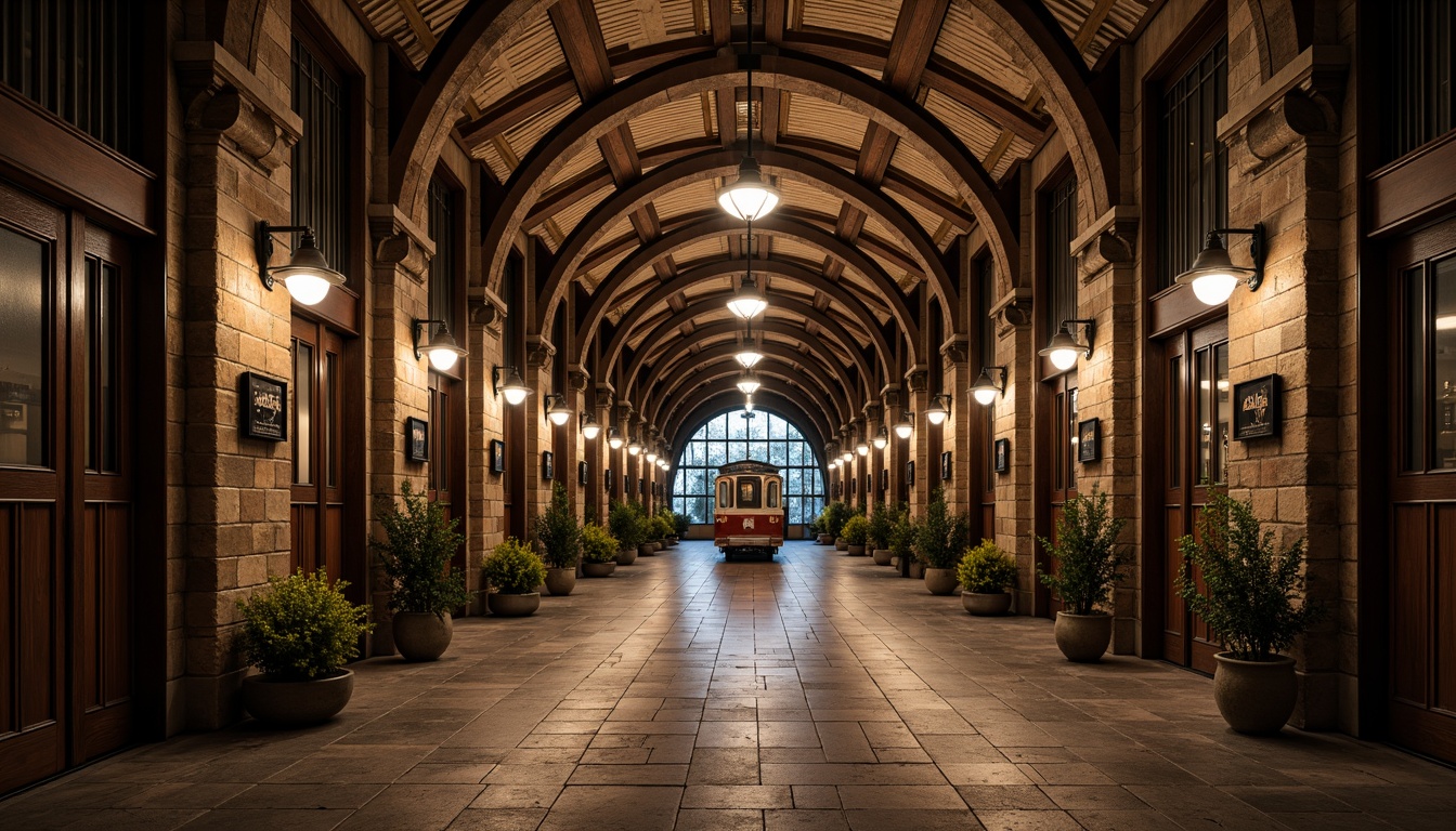 Prompt: \Rustic metro station, arched ceilings, stone walls, brick masonry, ornate carvings, grand entrance halls, high vaulted spaces, natural stone floors, intricate ironwork, medieval-inspired architecture, warm artificial lighting, atmospheric ambiance, dramatic shadows, 1/2 composition, low-angle shot, rich textures, cinematic mood.\