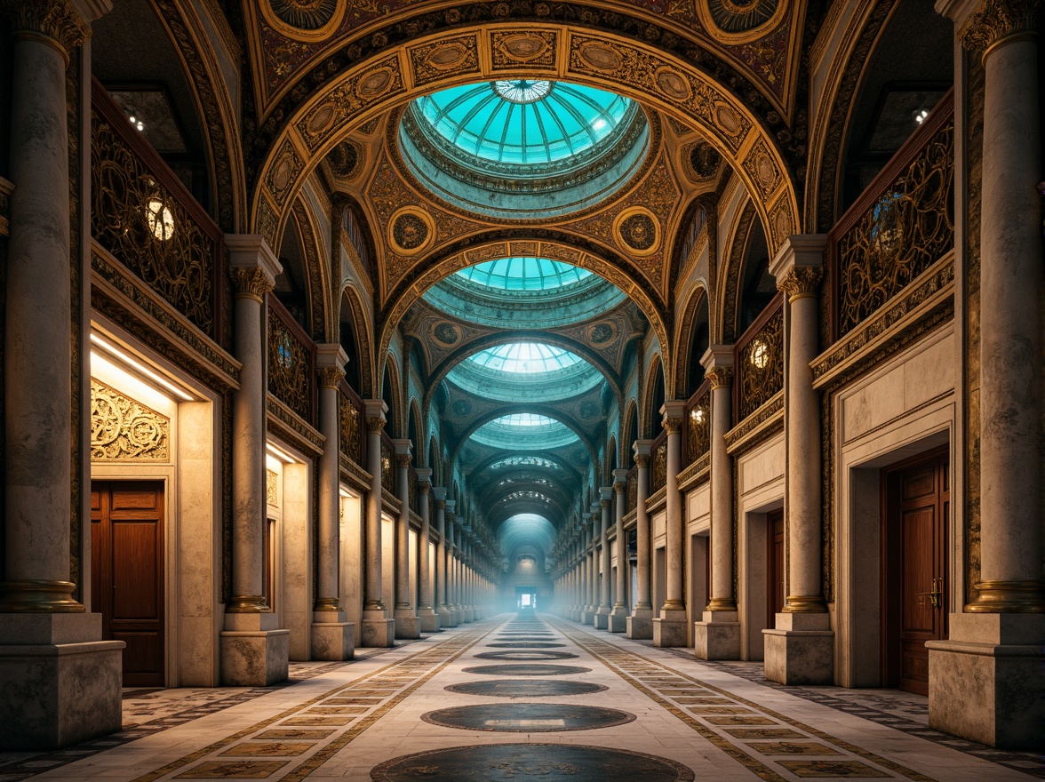 Prompt: Intricate arches, ornate Byzantine details, golden mosaics, vibrant turquoise domes, grand entranceways, imposing stone columns, ornamental capitals, lavish frescoes, richly patterned marble floors, warm ambient lighting, high ceilings, dramatic vaulted roofs, rustic stone walls, atmospheric fog effect, mysterious shadows, 3/4 composition, symmetrical framing, realistic textures, ambient occlusion.