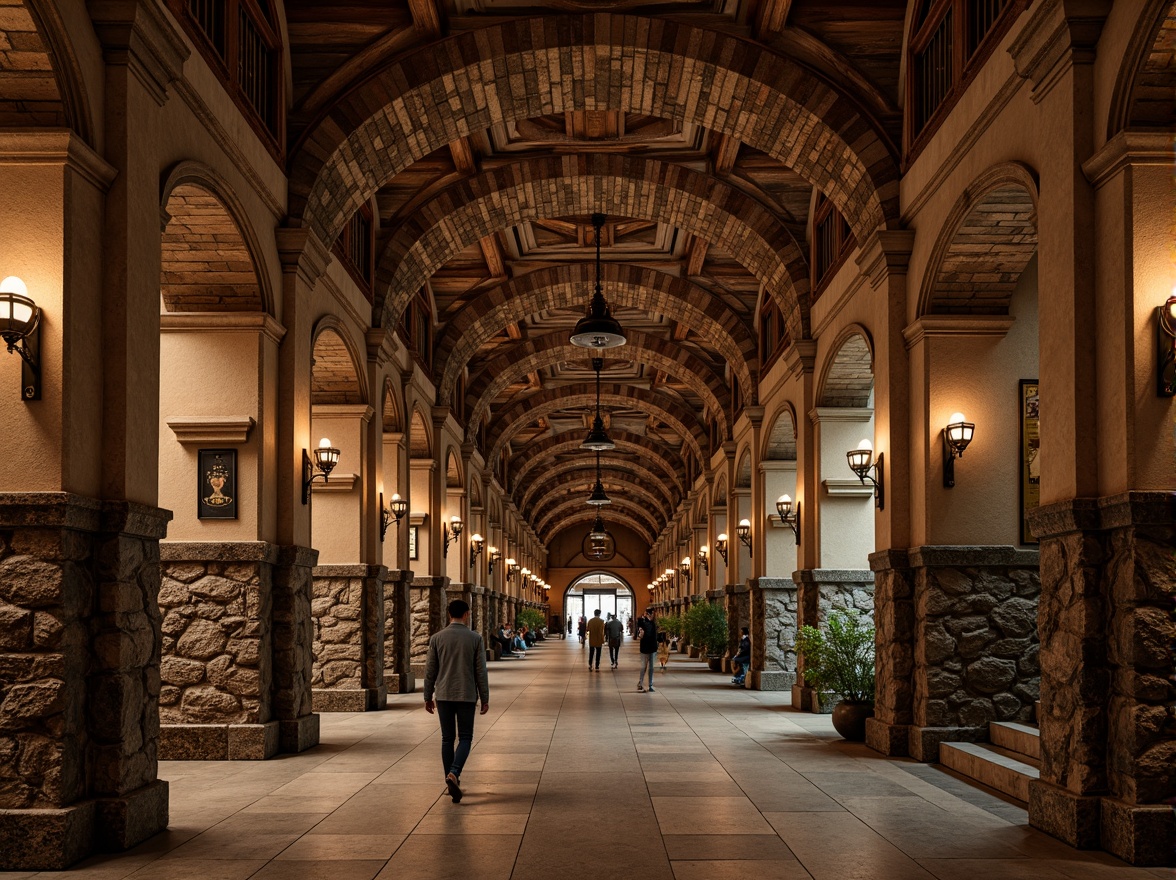 Prompt: Romanesque style metro station, grand stone archways, ornate brickwork facades, rusticated stonework, vaulted ceilings, dramatic lighting effects, intricate masonry patterns, medieval-inspired architectural details, ornamental columns, heavy stone carvings, richly textured stucco walls, earthy color palette, warm atmospheric lighting, shallow depth of field, 1/2 composition, realistic textures, ambient occlusion.