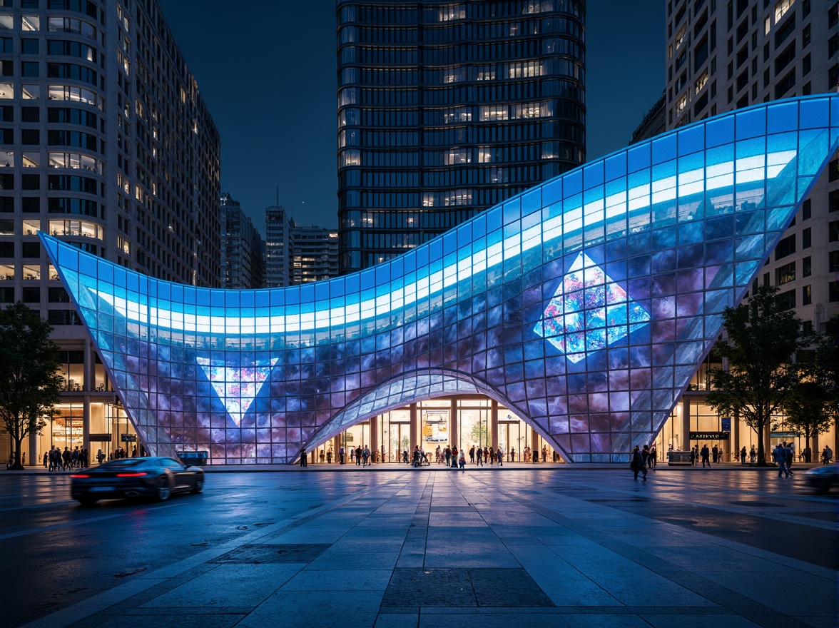 Prompt: Curved futuristic facade, iridescent materials, neon lights, angular lines, minimalist design, sleek metal frames, reflective glass surfaces, holographic displays, augmented reality interfaces, LED light installations, urban cityscape, evening atmosphere, moody lighting, shallow depth of field, 3/4 composition, panoramic view, realistic textures, ambient occlusion.