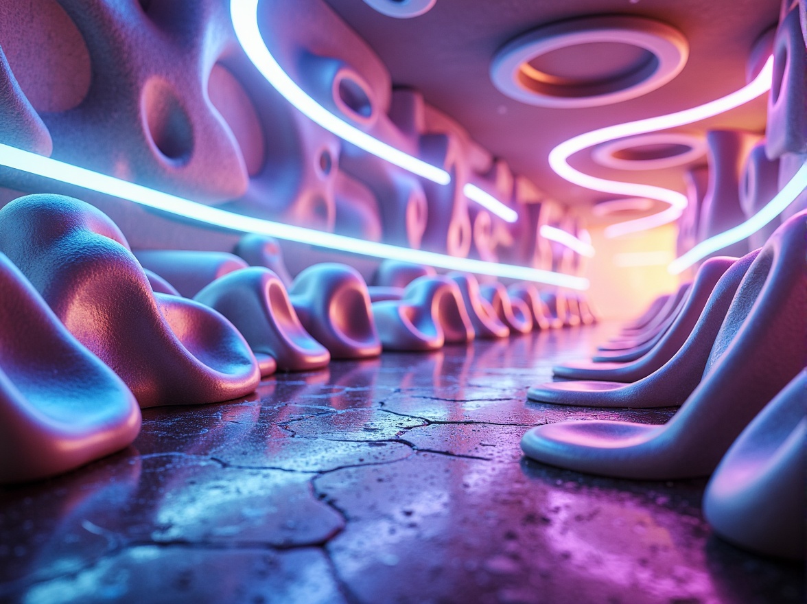 Prompt: Vibrant futuristic blob-like structures, iridescent color scheme, neon hues, pastel shades, metallic accents, glowing luminescent effects, sleek reflective surfaces, fluid organic forms, bold abstract patterns, dynamic gradient transitions, atmospheric misty environments, soft ethereal lighting, shallow depth of field, 3/4 composition, panoramic view, realistic textures, ambient occlusion.