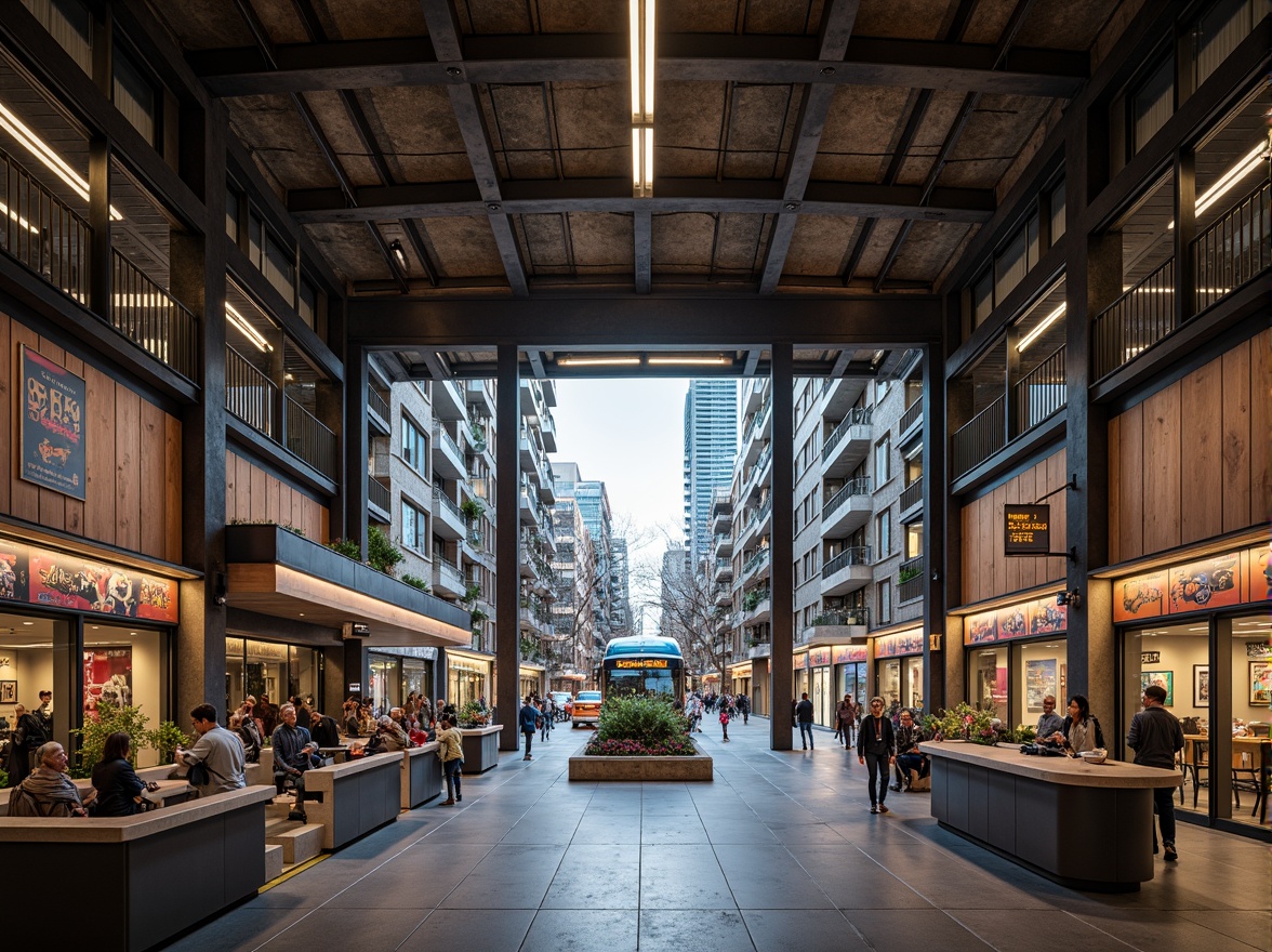 Prompt: Rustic bus station, industrial metal framework, rough concrete walls, exposed ductwork, reclaimed wood accents, urban cityscape, busy streets, modern LED signage, electronic ticketing systems, sleek glass canopies, brutalist architecture, raw finishes, natural stone flooring, stainless steel railings, vibrant graffiti murals, urban jungle atmosphere, dramatic overhead lighting, 1/1 composition, symmetrical framing, high-contrast colors, realistic textures.