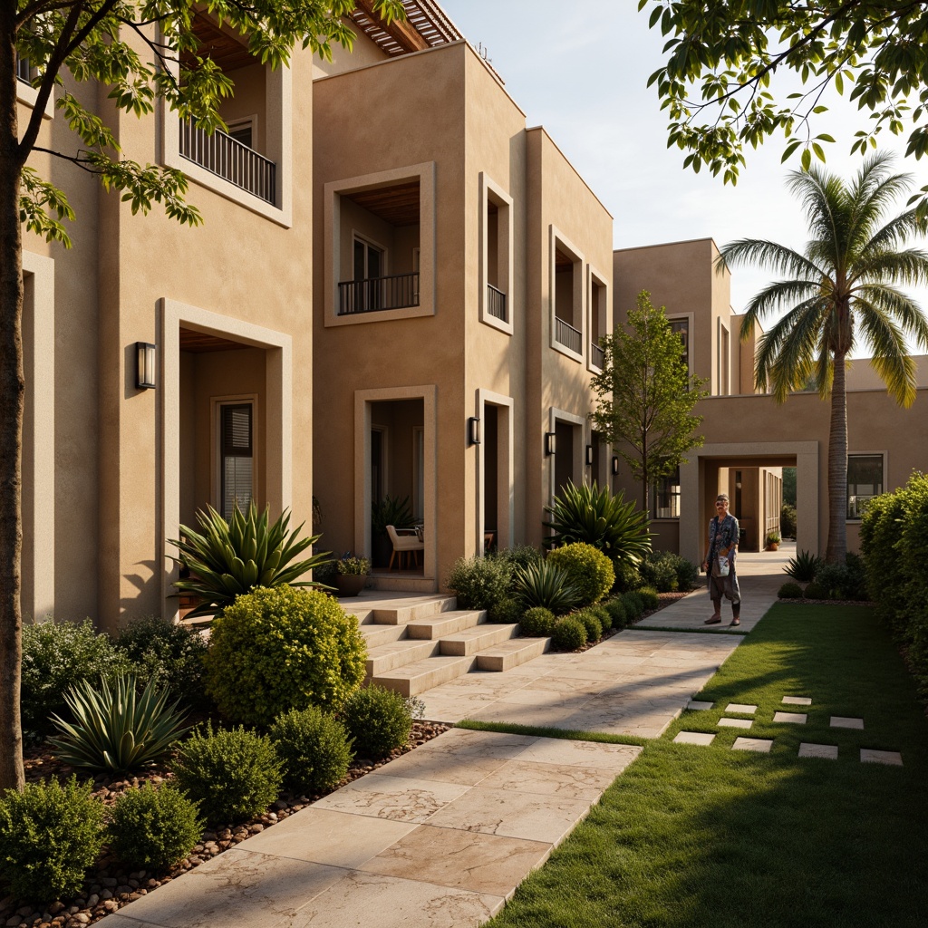 Prompt: Villa facade, earthy tones, warm beige walls, soft cream accents, lush greenery, tropical plants, natural stone pathways, wooden decorations, elegant archways, subtle golden lighting, warm afternoon sun, shallow depth of field, 1/2 composition, realistic textures, ambient occlusion.