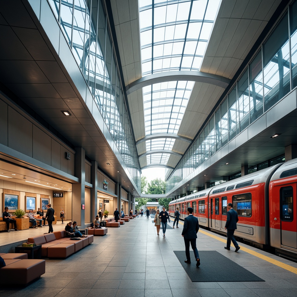 Prompt: Streamlined modern train station interior, flowing curves, minimalist decor, stainless steel accents, sleek glass panels, high ceilings, natural light pouring in, airy atmosphere, comfortable seating areas, integrated digital displays, futuristic lighting systems, smooth stone floors, metallic column supports, open circulation spaces, efficient passenger flow, vibrant color schemes, geometric patterns, dynamic architectural lines, shallow depth of field, 1/1 composition, warm softbox lighting.