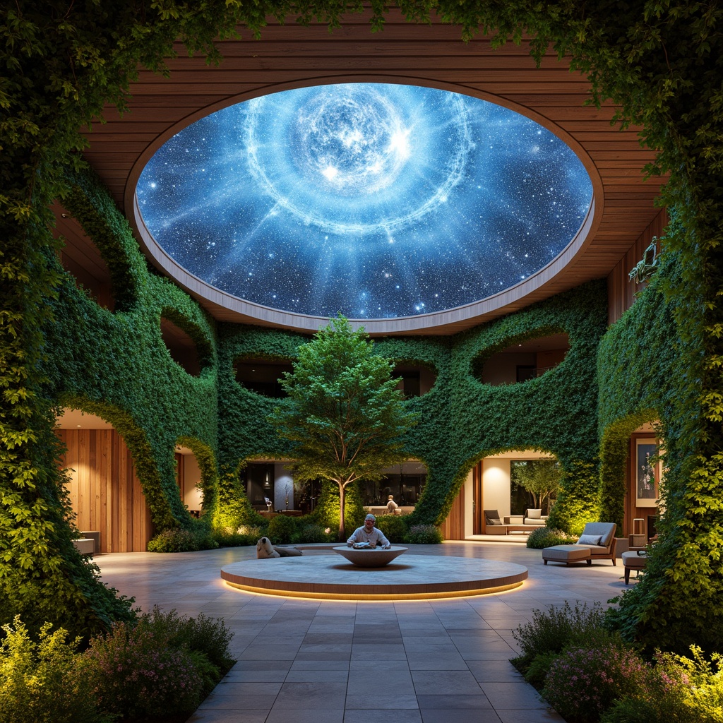 Prompt: Celestial planetarium dome, lush green walls, organic curves, natural stone floors, reclaimed wood accents, living walls, verdant roofs, astronomy-inspired patterns, soft warm lighting, ambient soundscape, 3/4 composition, panoramic view, realistic textures, ambient occlusion, futuristic yet earthy tone, sleek minimalist design, innovative sustainable materials, eco-friendly systems, shaded outdoor spaces, misting systems.