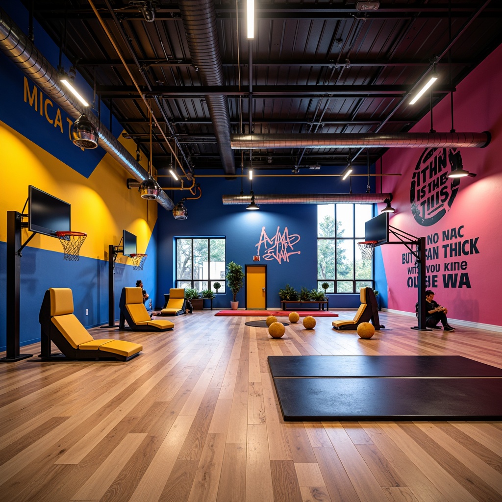 Prompt: Vibrant gym interior, dynamic color scheme, bold accent walls, polished wooden floors, modern sports equipment, athletic tracks, basketball hoops, motivational quotes, sleek metal railings, energetic LED lighting, industrial-style ceiling fans, urban-inspired graffiti, bright pops of color, contrasting textures, 3/4 composition, shallow depth of field, realistic shadows, ambient occlusion.