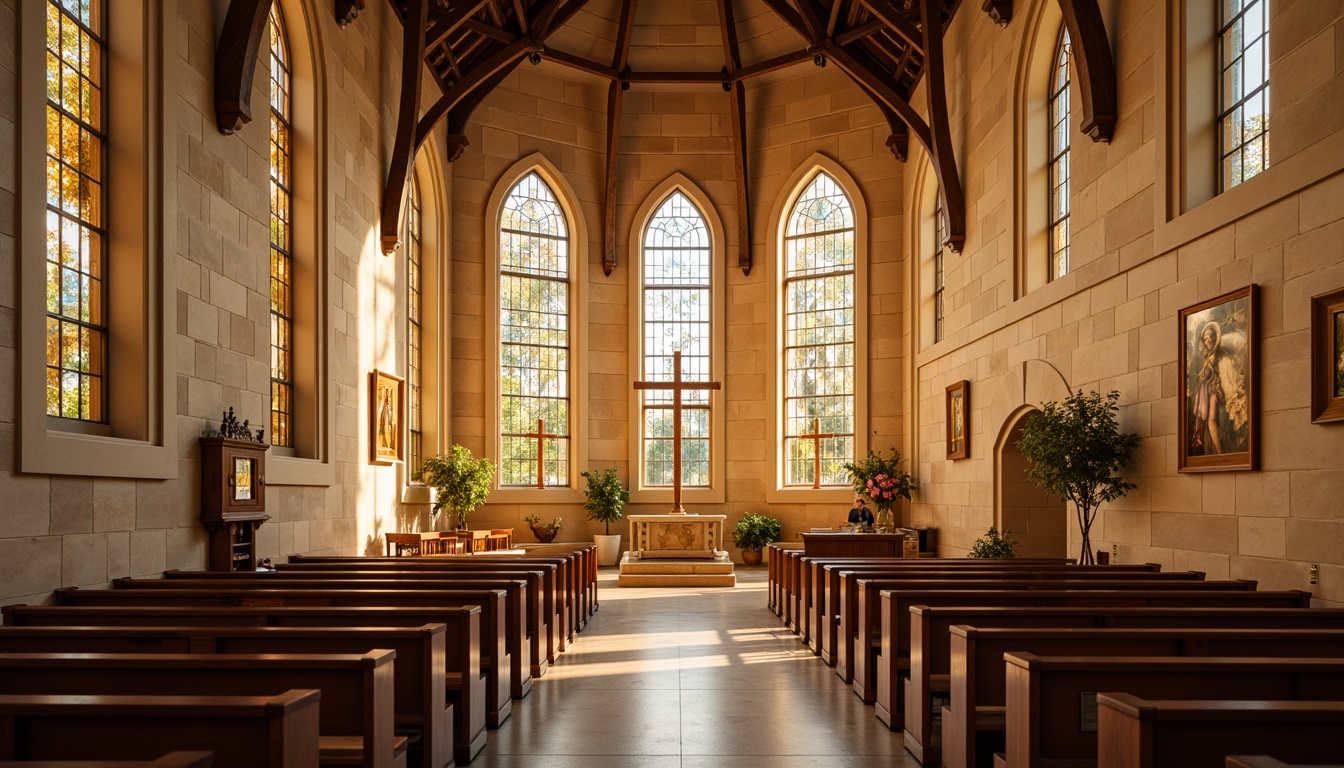 Prompt: Serene church interior, warm beige stone walls, stained glass windows, soft golden lighting, elegant wooden pews, traditional Christian crosses, ornate altar decorations, peaceful atmosphere, subtle earthy tones, calming blue hues, inspirational spiritual quotes, natural textures, refined architectural details, harmonious color balance, symmetrical composition, shallow depth of field, 1/1 aspect ratio.