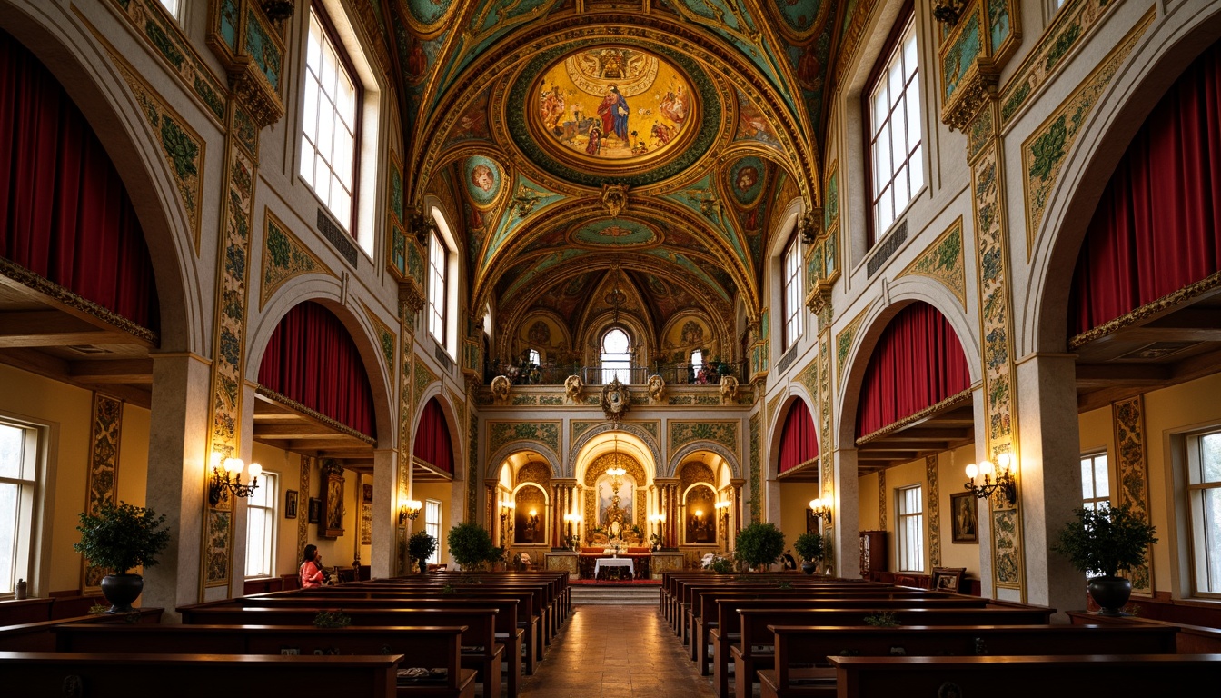 Prompt: Intricate Orthodox church, ornate golden domes, rich turquoise mosaics, warm beige stone walls, vibrant crimson accents, solemn dark wood furnishings, mystical candlelit ambiance, soft diffused natural light, dramatic chiaroscuro effects, 1/2 composition, low-angle shot, symmetrical framing, elaborate fresco ceilings, luxurious velvet drapes, ancient Christian iconography, mysterious apse decorations.