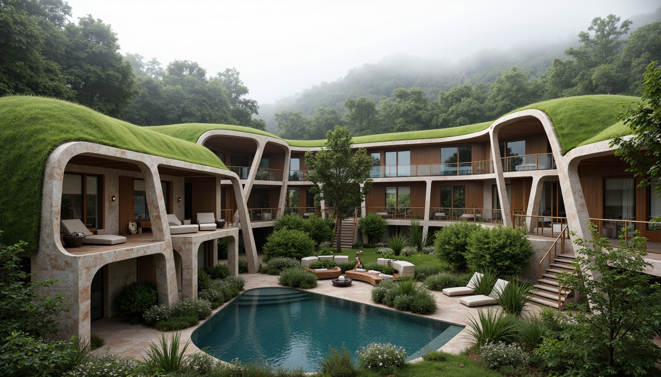 Prompt: Harmonious building integration, lush green roofs, verdant walls, natural stone fa\u00e7ades, curved lines, organic architecture, seamless transitions, outdoor living spaces, infinity pools, water features, surrounding forest, misty atmosphere, soft warm lighting, shallow depth of field, 1/1 composition, panoramic view, realistic textures, ambient occlusion.