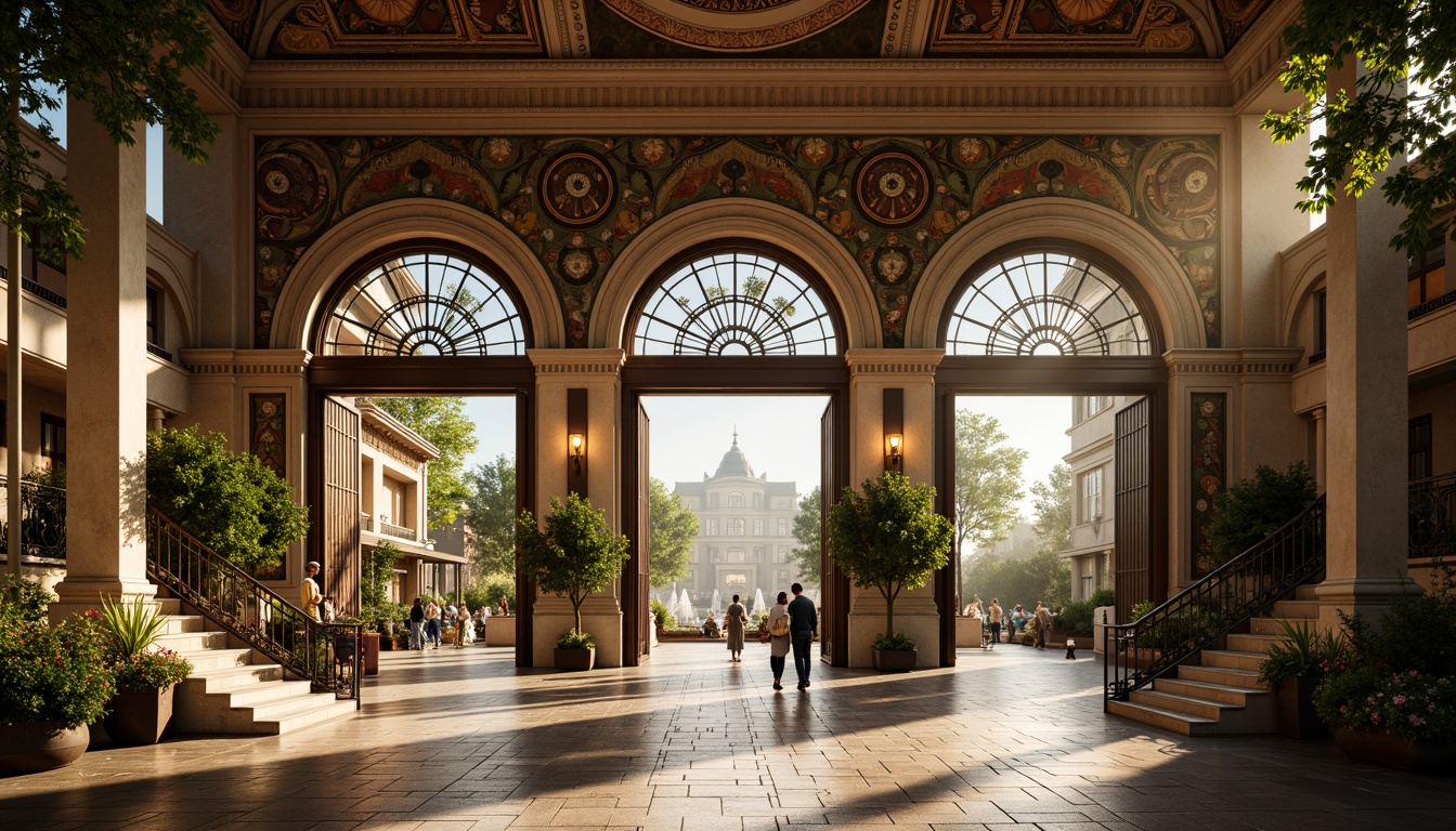 Prompt: Grand metro station entrance, Romanesque arches, ornate stone carvings, lush greenery, vibrant flowers, majestic fountains, intricate mosaics, warm golden lighting, shallow depth of field, 1/1 composition, symmetrical framing, rustic brick walls, aged stone columns, grand staircases, elegant lanterns, refined ironwork, ambient occlusion, realistic textures.