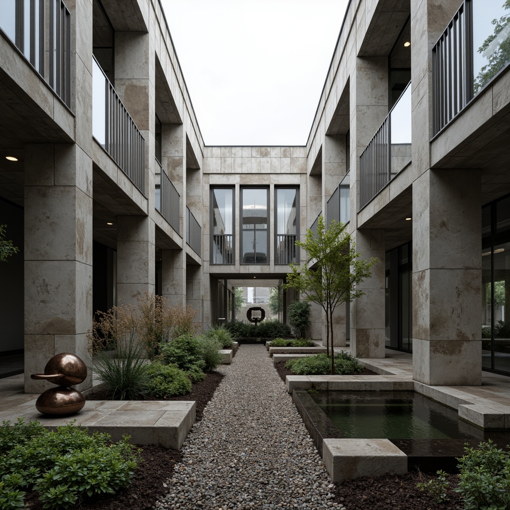 Prompt: Rugged brutalist building, raw concrete walls, bold geometric shapes, dramatic shadows, industrial landscape, gravel pathways, sparse vegetation, abstract sculptures, weathered steel accents, exposed ductwork, functional water features, urban oasis, stark lighting, low-angle photography, 2/3 composition, muted color palette, rough-hewn stone textures, atmospheric fog effects.