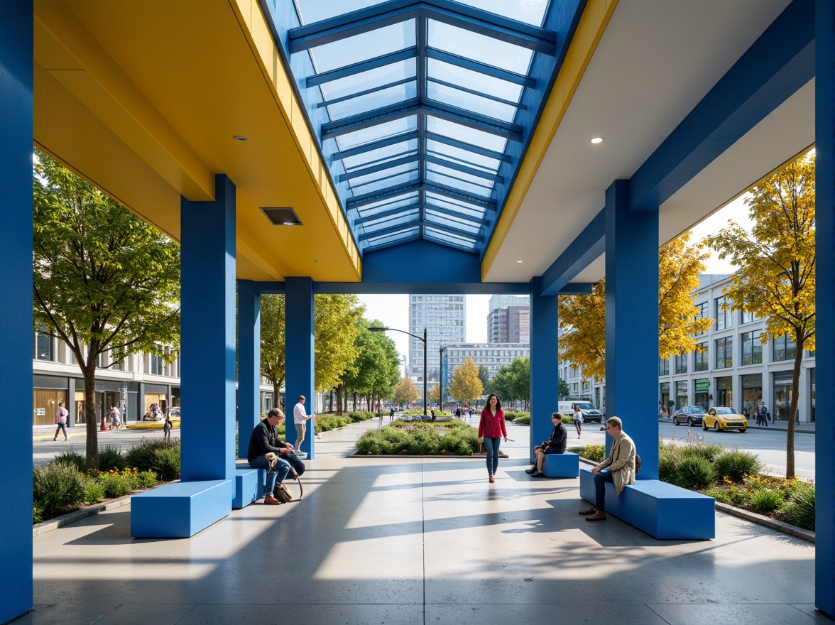 Prompt: Vibrant bus station, modern architecture, bold color scheme, bright blue walls, warm yellow accents, sleek metal benches, durable concrete floors, urban cityscape, bustling streets, morning commute, natural light, shallow depth of field, 3/4 composition, panoramic view, realistic textures, ambient occlusion.