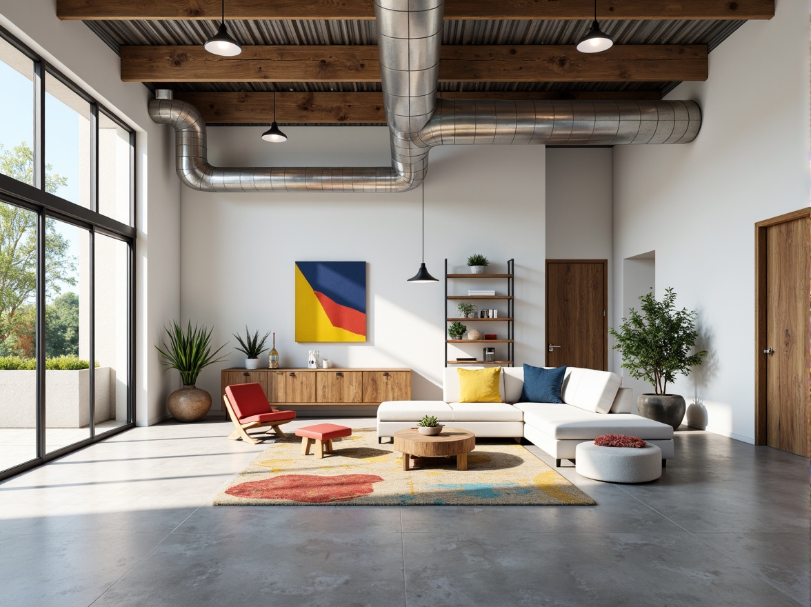 Prompt: Minimalist interior, open floor plan, industrial chic decor, exposed ductwork, polished concrete floors, white walls, large windows, sliding glass doors, functional furniture, geometric shapes, primary color accents, steel beams, reclaimed wood accents, modern lighting fixtures, pendant lamps, natural ventilation, abundant daylight, 1/1 composition, symmetrical framing, soft box lighting, realistic textures, ambient occlusion.