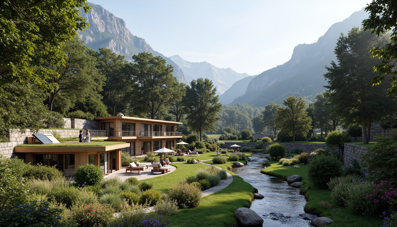 Prompt: Serene mountainous backdrop, lush green forests, meandering streams, natural stone walls, curved lines, harmonious blending, modern architecture, large windows, sliding glass doors, cantilevered roofs, wooden accents, earthy tones, organic forms, seamless transitions, minimalist design, eco-friendly materials, solar panels, rainwater harvesting systems, green roofs, shaded outdoor spaces, misting systems, vibrant colorful flowers, realistic textures, ambient occlusion, shallow depth of field, 3/4 composition, panoramic view.