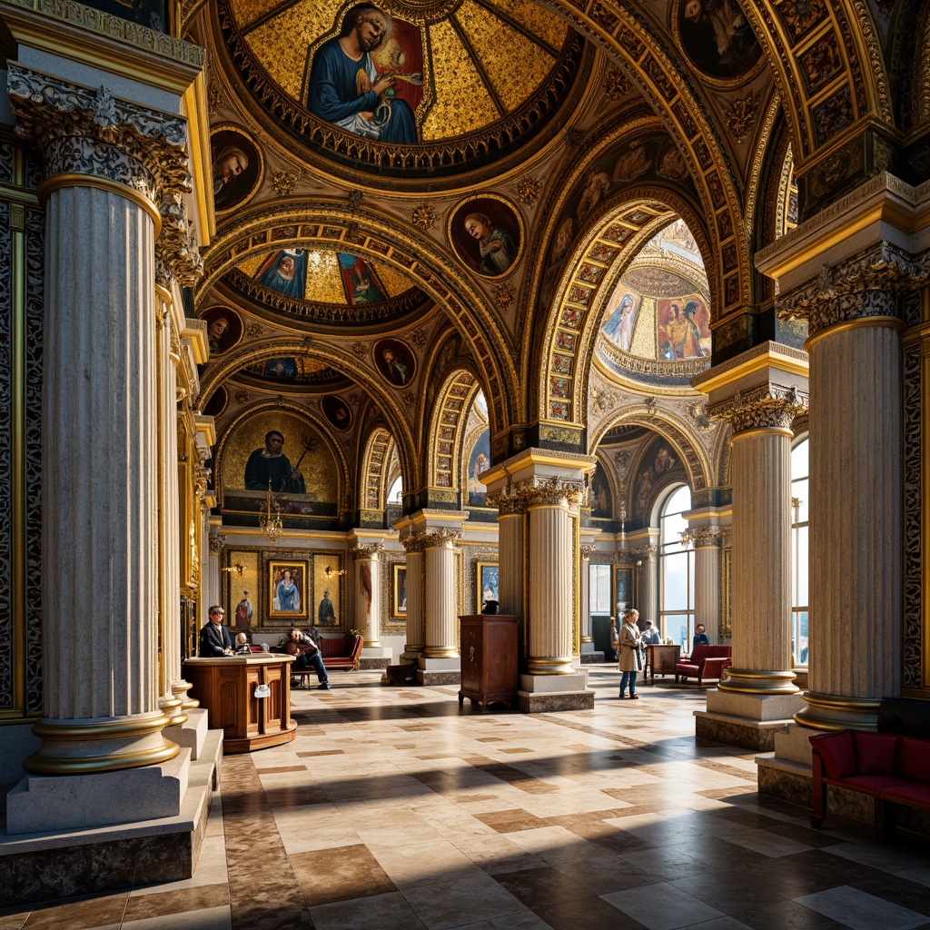 Prompt: Intricate mosaics, gold tesserae, vibrant glass tiles, ornate patterns, Christian iconography, Byzantine architectural style, grand domed structures, marble floors, ornate columns, intricate arches, rich textures, warm golden lighting, shallow depth of field, 2/3 composition, detailed close-up shots, realistic reflections, ambient occlusion.