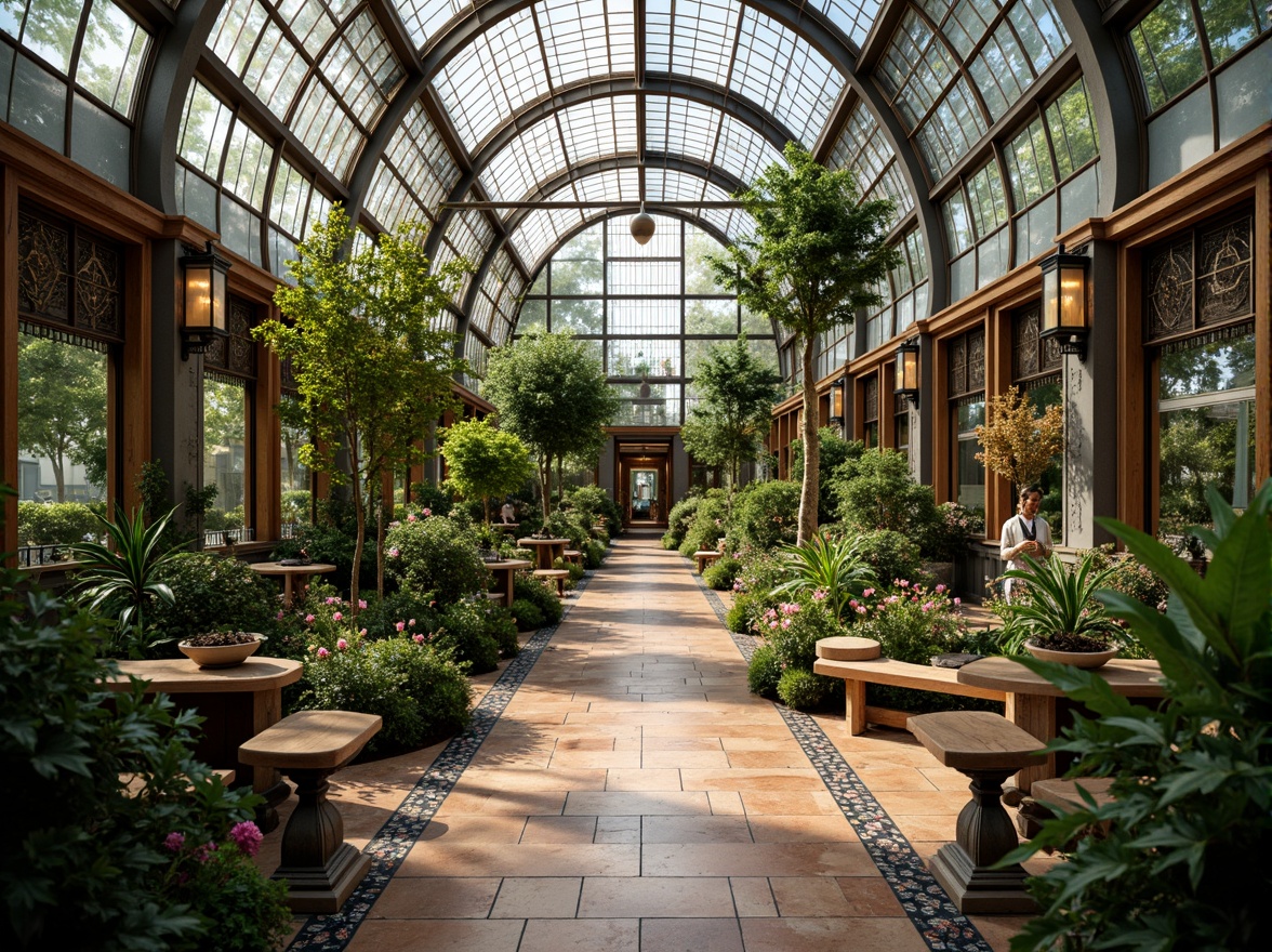 Prompt: Art Deco greenhouses, ornate metal frames, geometric patterns, lush tropical plants, vibrant flowers, intricate mosaics, glazed ceramic tiles, stained glass windows, curved lines, luxurious materials, opulent decorations, lavish furnishings, soft warm lighting, shallow depth of field, 3/4 composition, panoramic view, realistic textures, ambient occlusion.