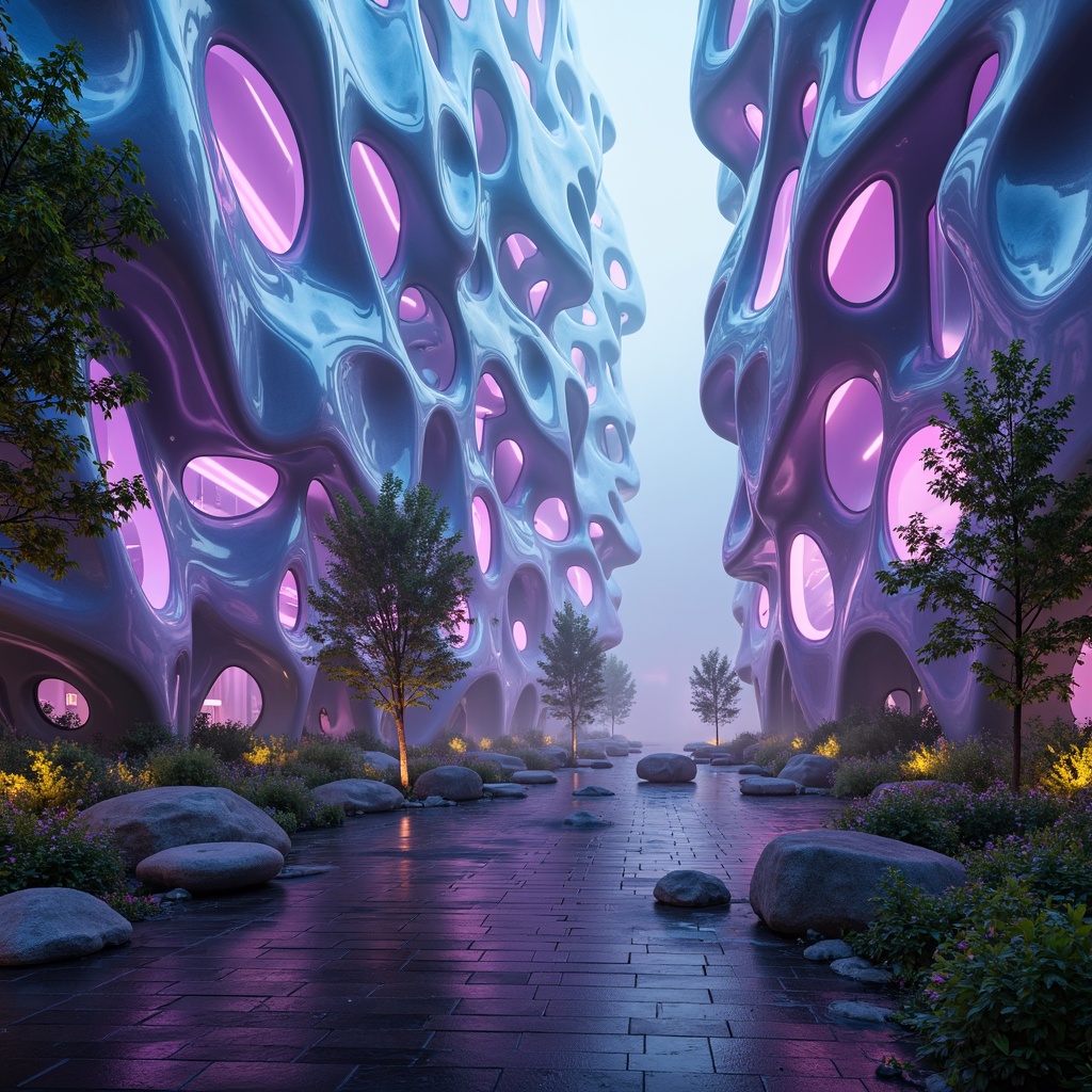 Prompt: Organic blob-like structures, futuristic facades, iridescent colors, reflective surfaces, undulating shapes, parametric designs, algorithmic patterns, glowing accents, neon lights, atmospheric effects, misty environments, surreal landscapes, dreamlike scenarios, soft focus, shallow depth of field, 1/2 composition, cinematic view, high-contrast lighting, ambient occlusion.