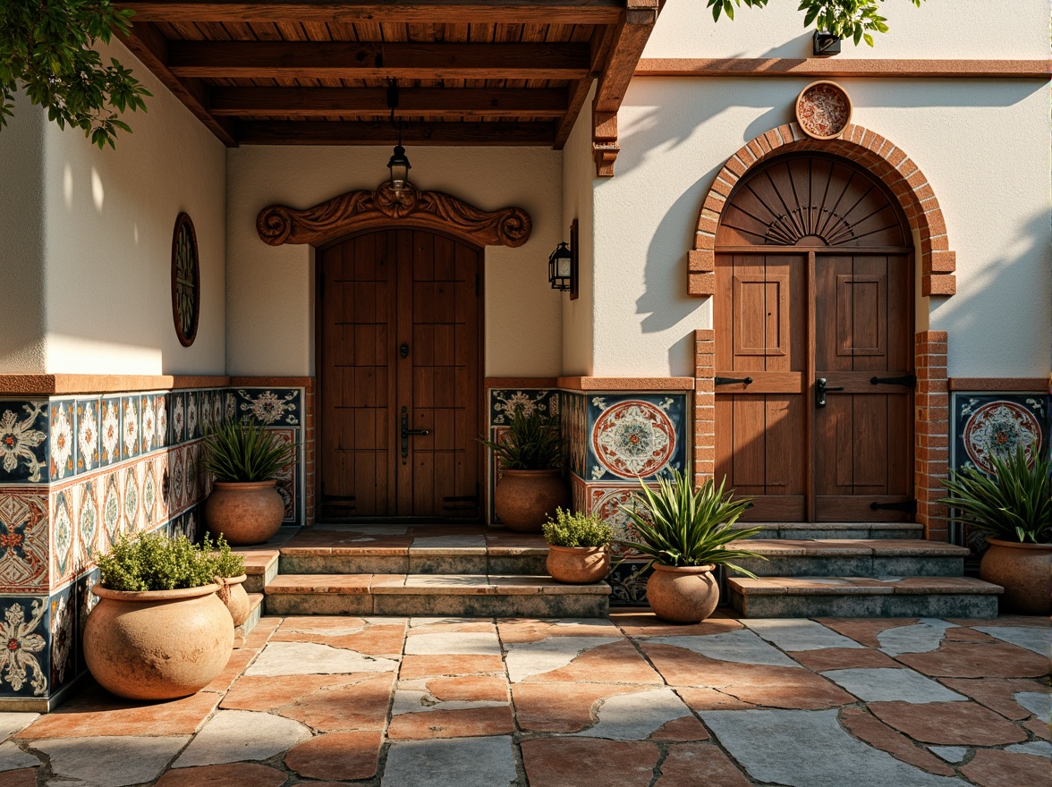 Prompt: Whimsical eclectic architecture, distressed brick walls, ornate stone carvings, vintage wooden doors, rusty metal accents, vibrant colorful tiles, intricate mosaic patterns, textured stucco finishes, organic natural forms, playful asymmetrical compositions, dramatic shadows, warm golden lighting, shallow depth of field, 1/1 composition, realistic material textures, ambient occlusion.