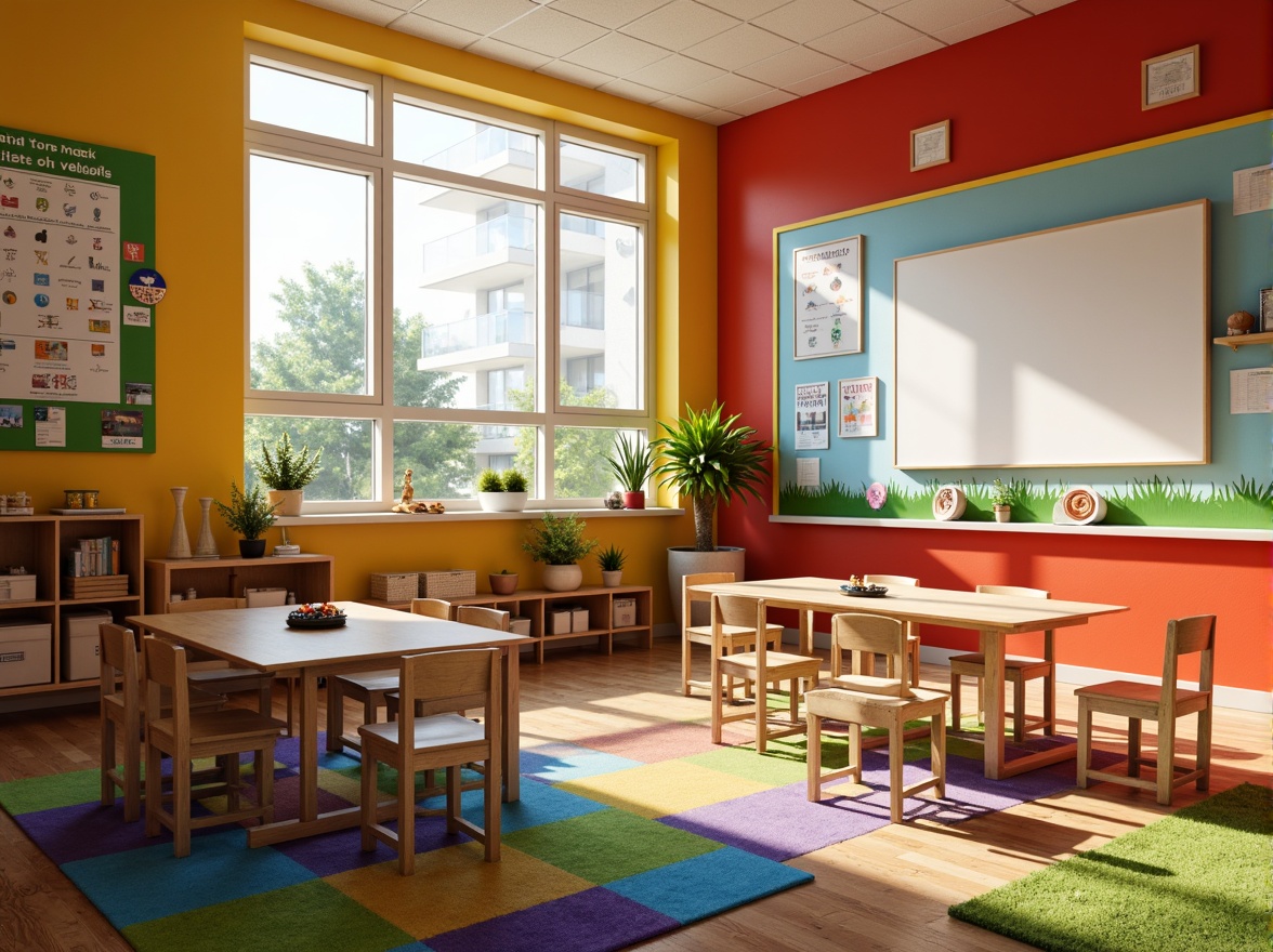 Prompt: Vibrant kindergarten classroom, bold primary colors, wooden desks, ergonomic chairs, interactive whiteboards, colorful rug, playful wall decals, natural light pouring in, warm afternoon sunbeams, shallow depth of field, 1/1 composition, realistic textures, ambient occlusion, educational posters, inspirational quotes, motivational banners, collaborative learning spaces, flexible seating arrangements, acoustic panels, sound-absorbing materials.