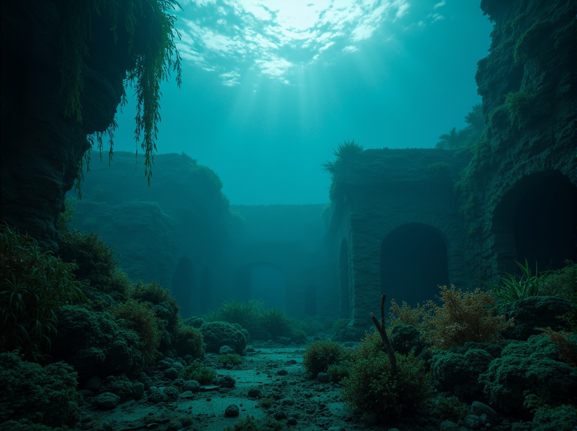 Prompt: Mysterious underwater scene, dark cyan tones, eerie bioluminescent lighting, wavy seaweed, coral reef formations, school of fish, shimmering scales, oceanic mist, subtle foam textures, mysterious ancient ruins, abandoned shipwrecks, glowing jellyfish, soft gradient backgrounds, cinematic color grading, high contrast ratios, 2.35 aspect ratio, dramatic shallow depth of field, ominous ambient sound effects, hauntingly beautiful atmosphere.