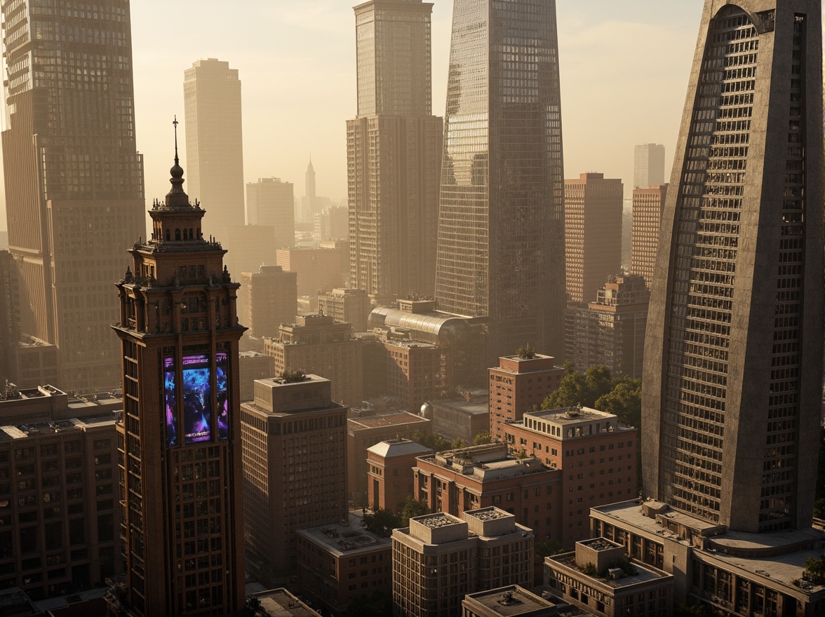 Prompt: Futuristic skyscrapers, sleek metallic towers, angular geometric shapes, neon-lit cityscape, bustling metropolitan area, towering high-rises, curved glass fa\u00e7ades, cantilevered structures, intricate latticework, holographic advertisements, atmospheric mist, warm golden lighting, shallow depth of field, 1/1 composition, panoramic view, realistic reflections, ambient occlusion.