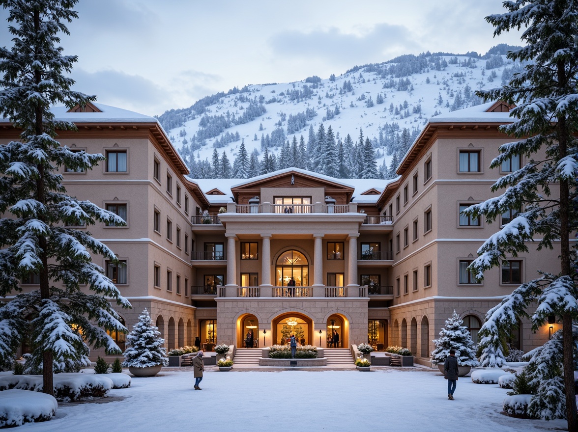 Prompt: Grand ski resort, snow-capped mountains, frosty pine trees, elegant Neoclassicism fa\u00e7ade, ornate columns, classical arches, intricate stone carvings, grandiose entrance, sweeping staircases, luxurious lounge areas, rustic wooden accents, vintage skiing equipment, warm golden lighting, soft focus, shallow depth of field, 2/3 composition, symmetrical framing, realistic snow textures, ambient occlusion.