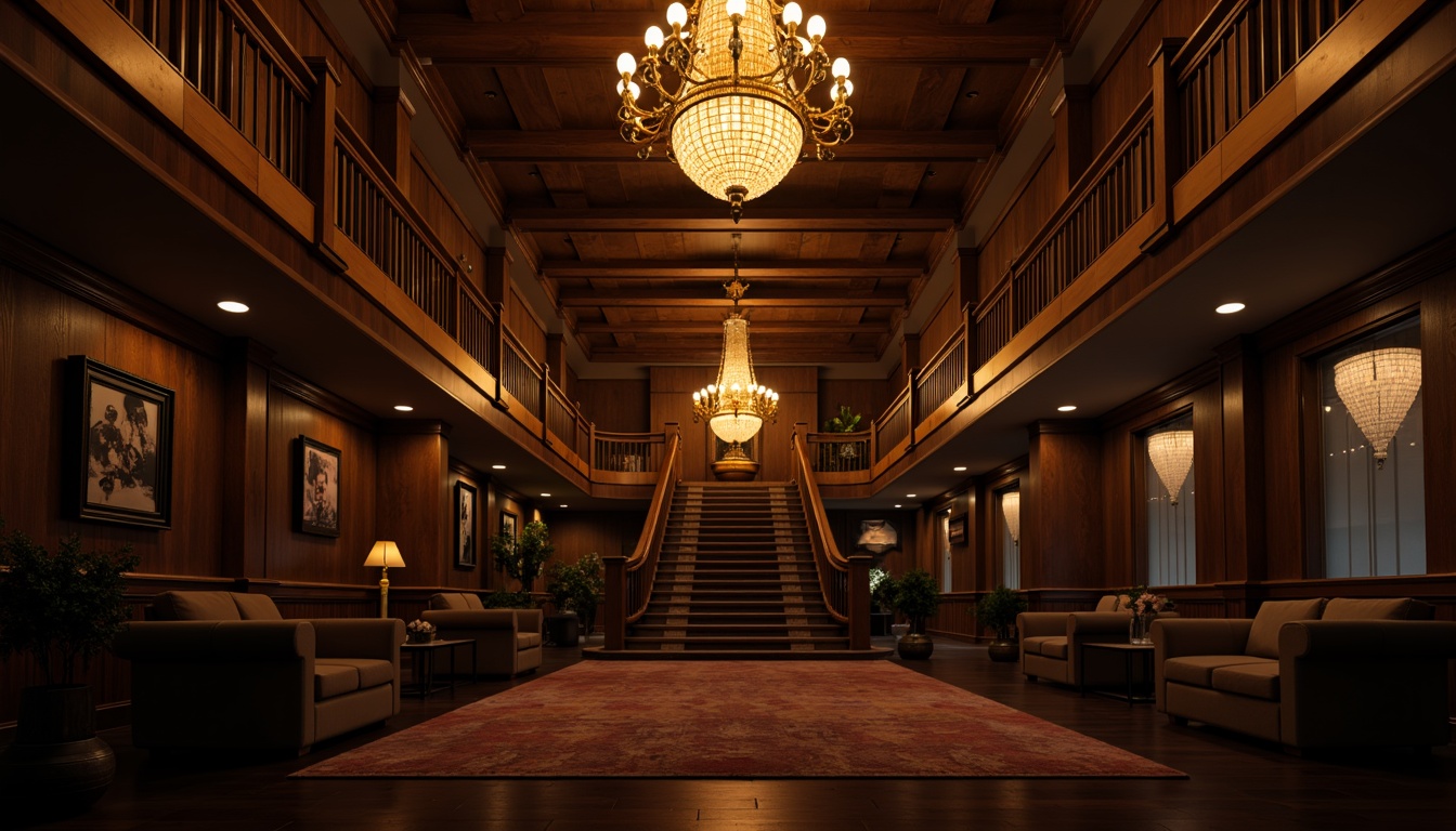 Prompt: Moody interior, dimmed chandeliers, warm golden lighting, rich wood tones, luxurious fabrics, ornate furnishings, dramatic ceiling heights, grand staircases, mysterious shadows, soft glow ambiance, cinematic color grading, high contrast ratio, 1/2 composition, shallow depth of field, subtle lens flares, realistic material reflections.