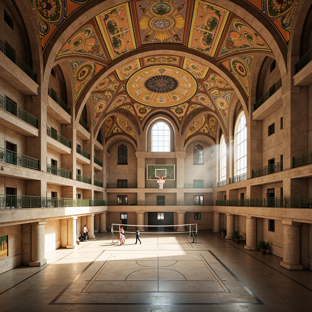 Prompt: Intricate Byzantine-style gymnasium, ornate roof structure, domed ceilings, grand arches, vibrant mosaics, golden accents, marble columns, ornamental railings, athletic track, basketball courts, volleyball nets, sports equipment, natural light pouring in, warm beige tones, shallow depth of field, 1/2 composition, realistic textures, ambient occlusion.